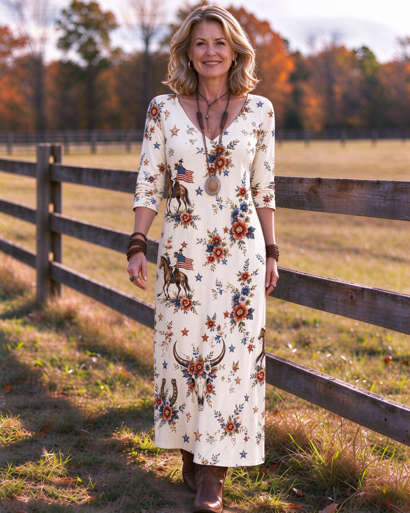 Patriotic Western cowboy long dress with floral and star print V-neck