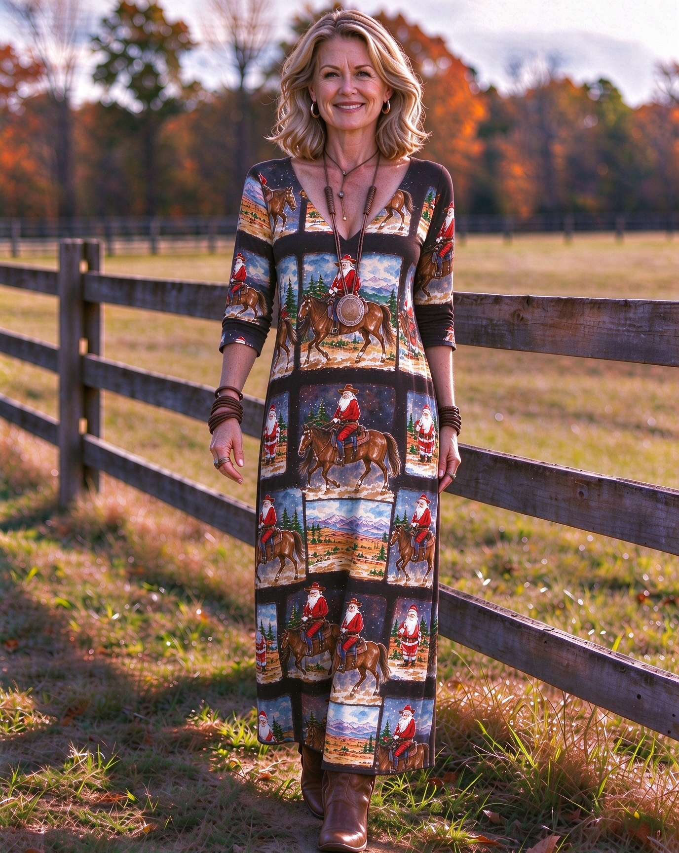 Santa Claus on horseback Western V-Neck Printed Dress | Allover Print