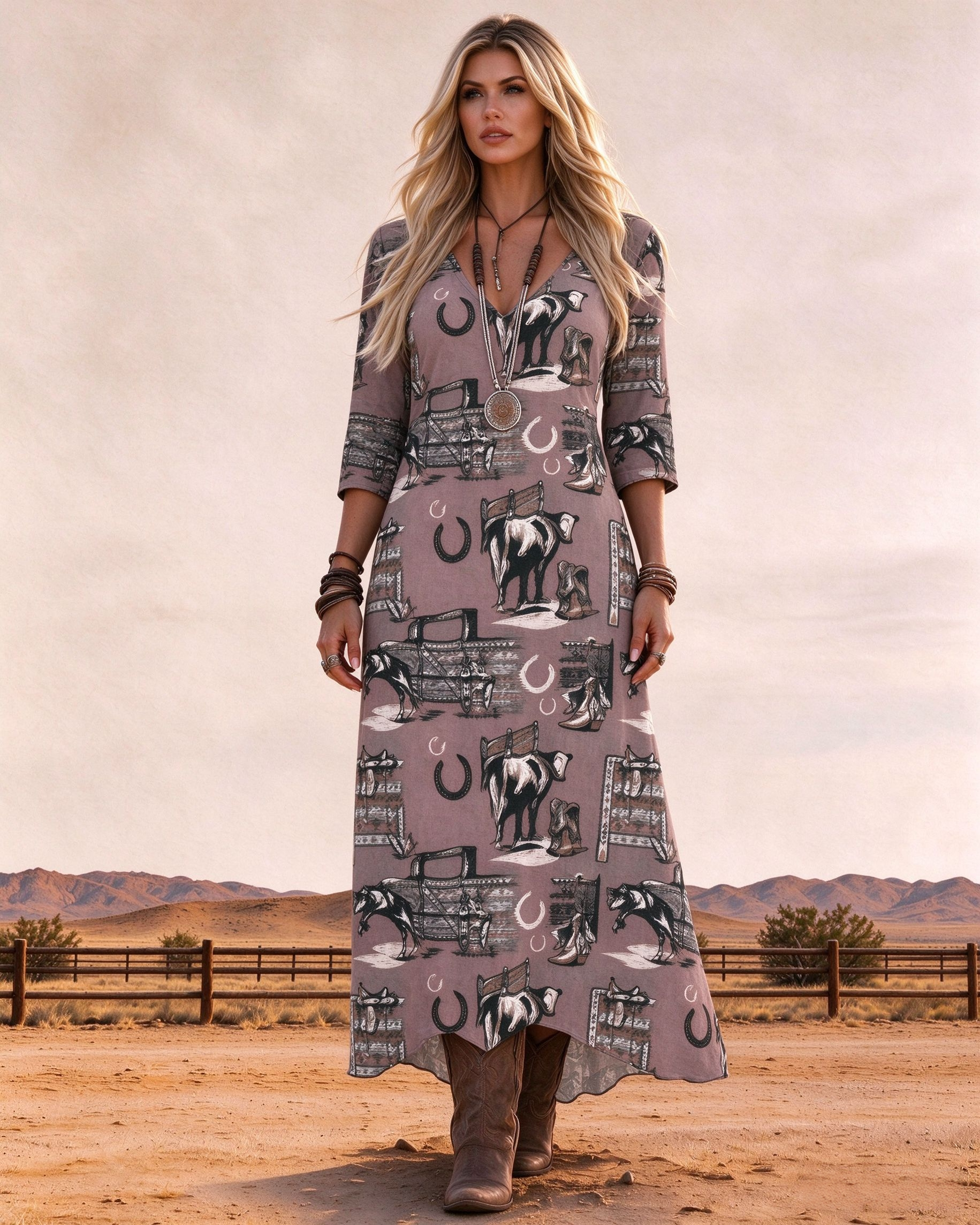 V-neck Western cow print maxi dress