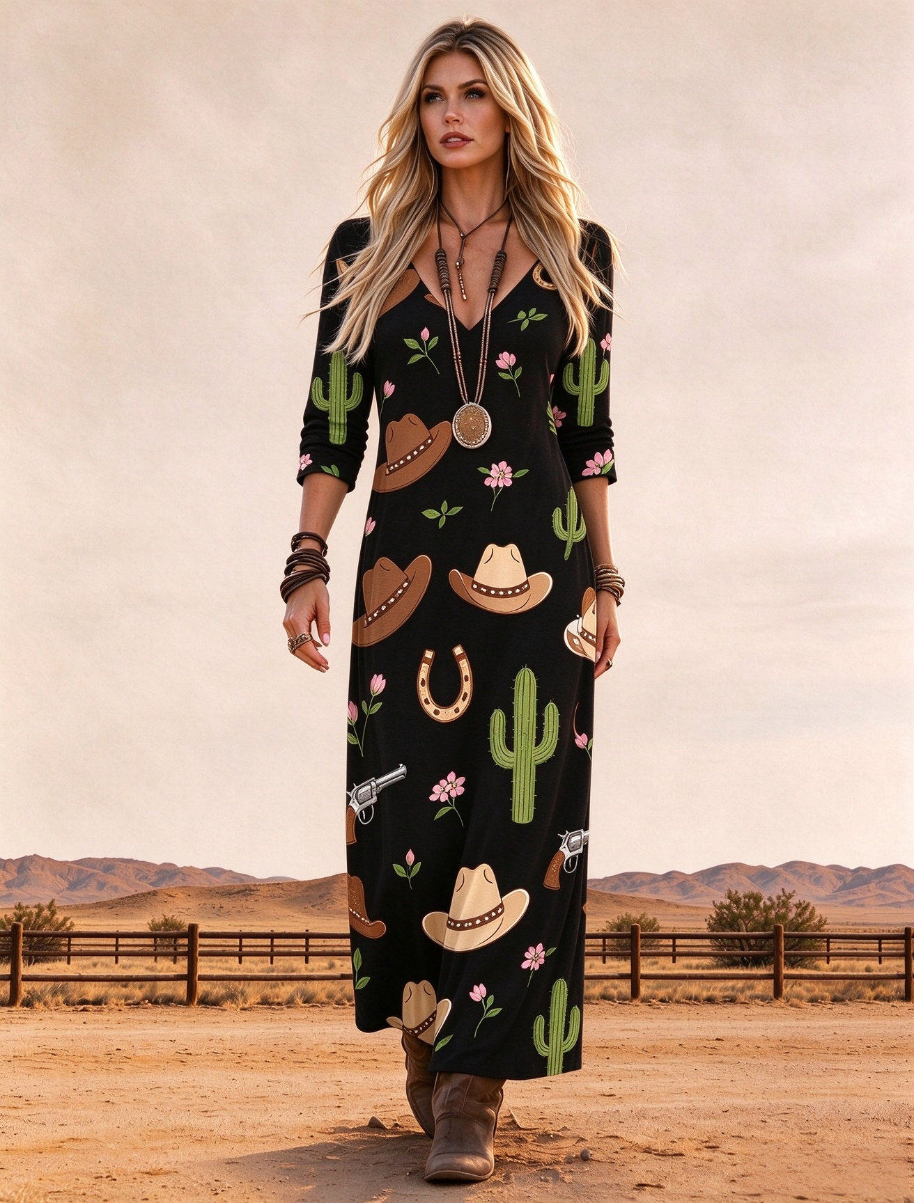 Midnight Outlaw V-Neck Three-Quarter Sleeve Dress