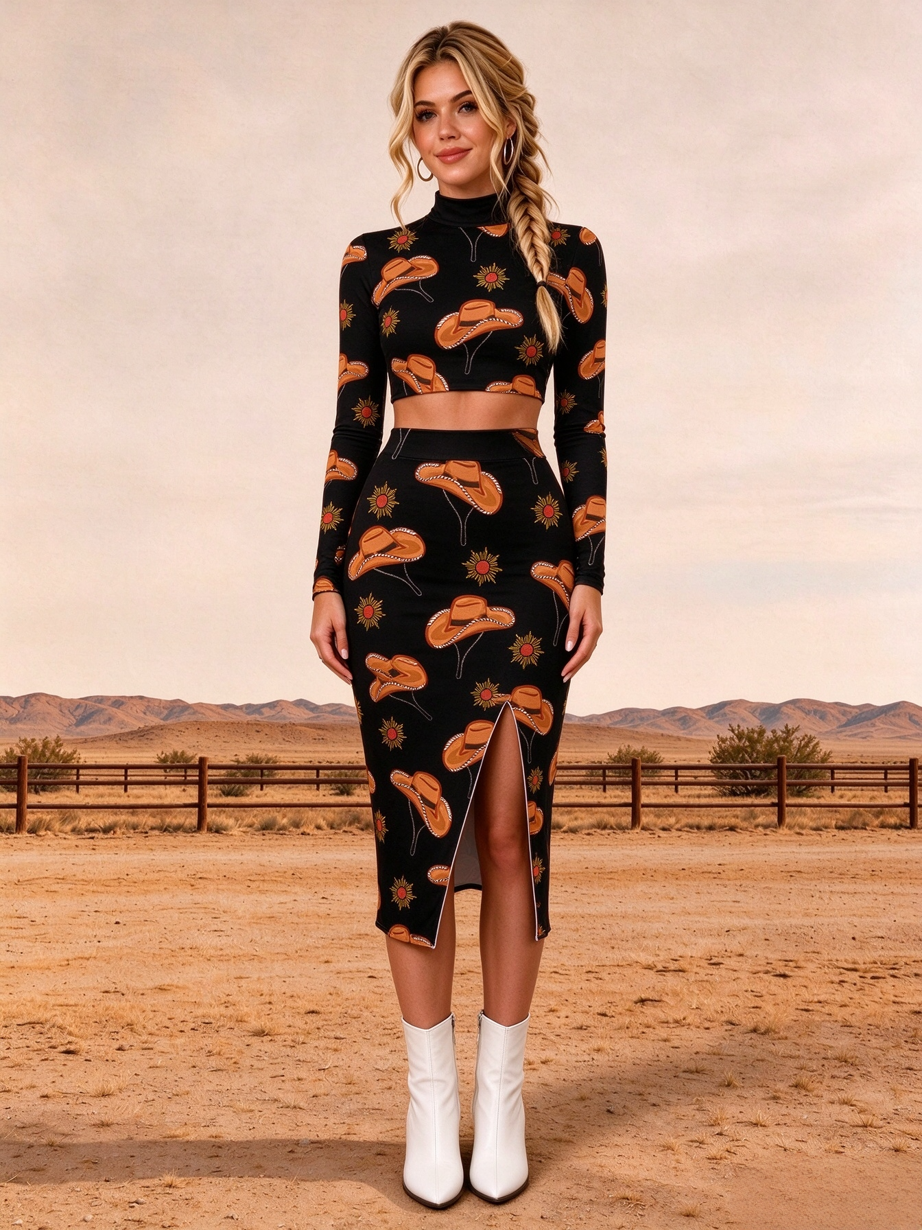 Western Cowboy Hat Sunflower Print Midi Skirt Set