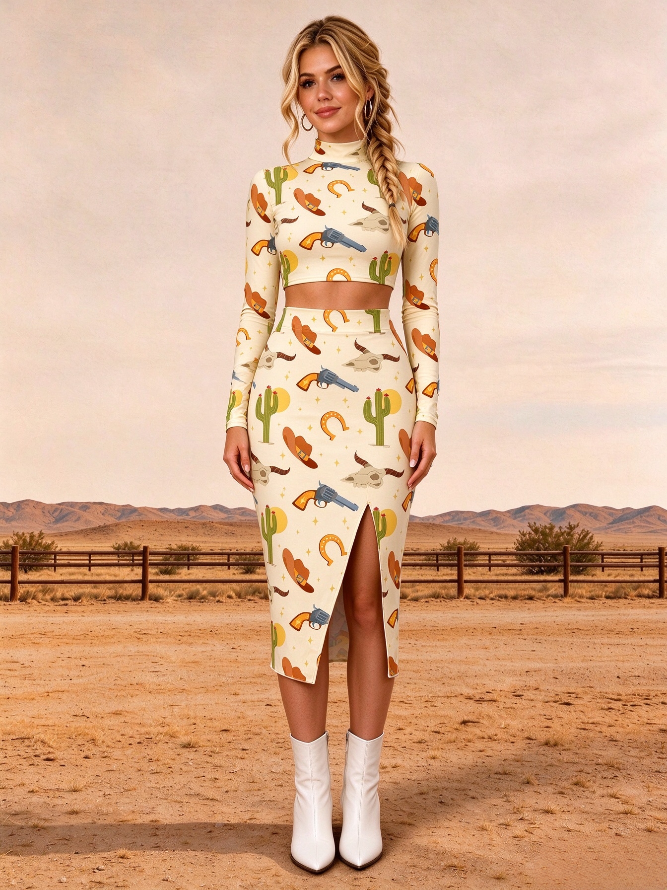 Cream Western Cowboy Desert Cactus Horseshoe Print Cami Dress 