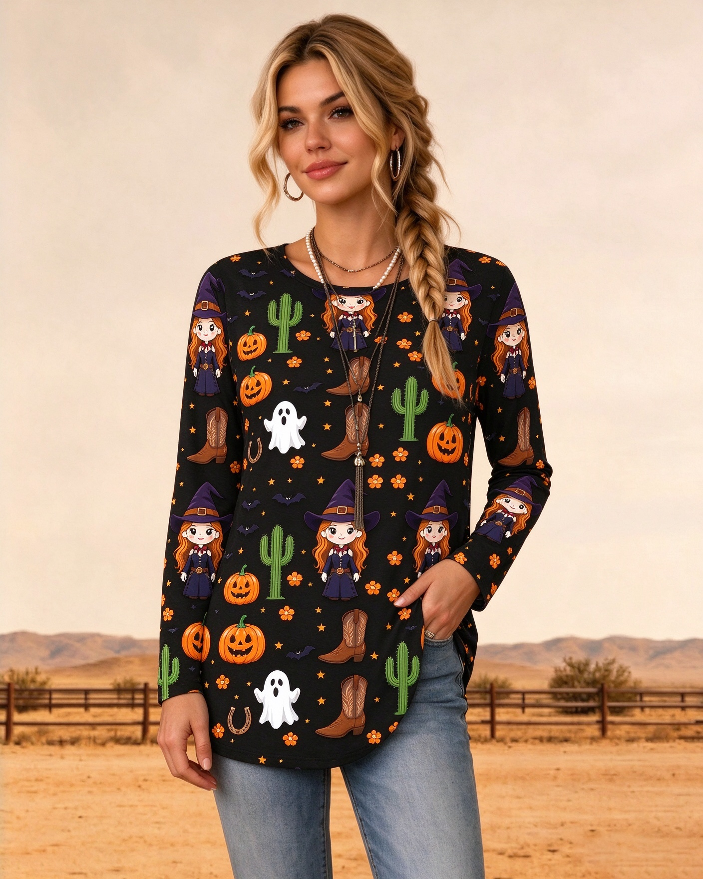 Spooky Western Halloween Pumpkin & Witch Print Round Neck Long Sleeve Tunic Top 