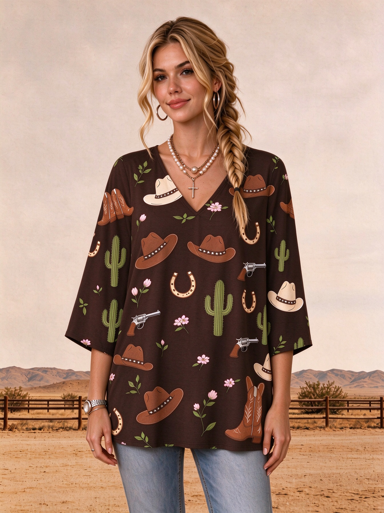 Western Cowboy Hat Boot Horseshoe Cactus Motif V Neck Loose Fit Tunic Shirt