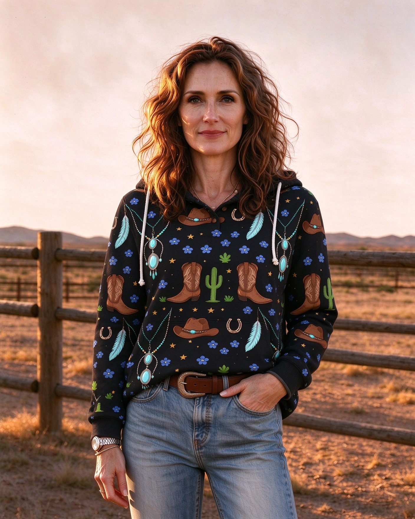 Western Turquoise Cactus Feather Pattern Long-Sleeved Hooded Sweatshirt