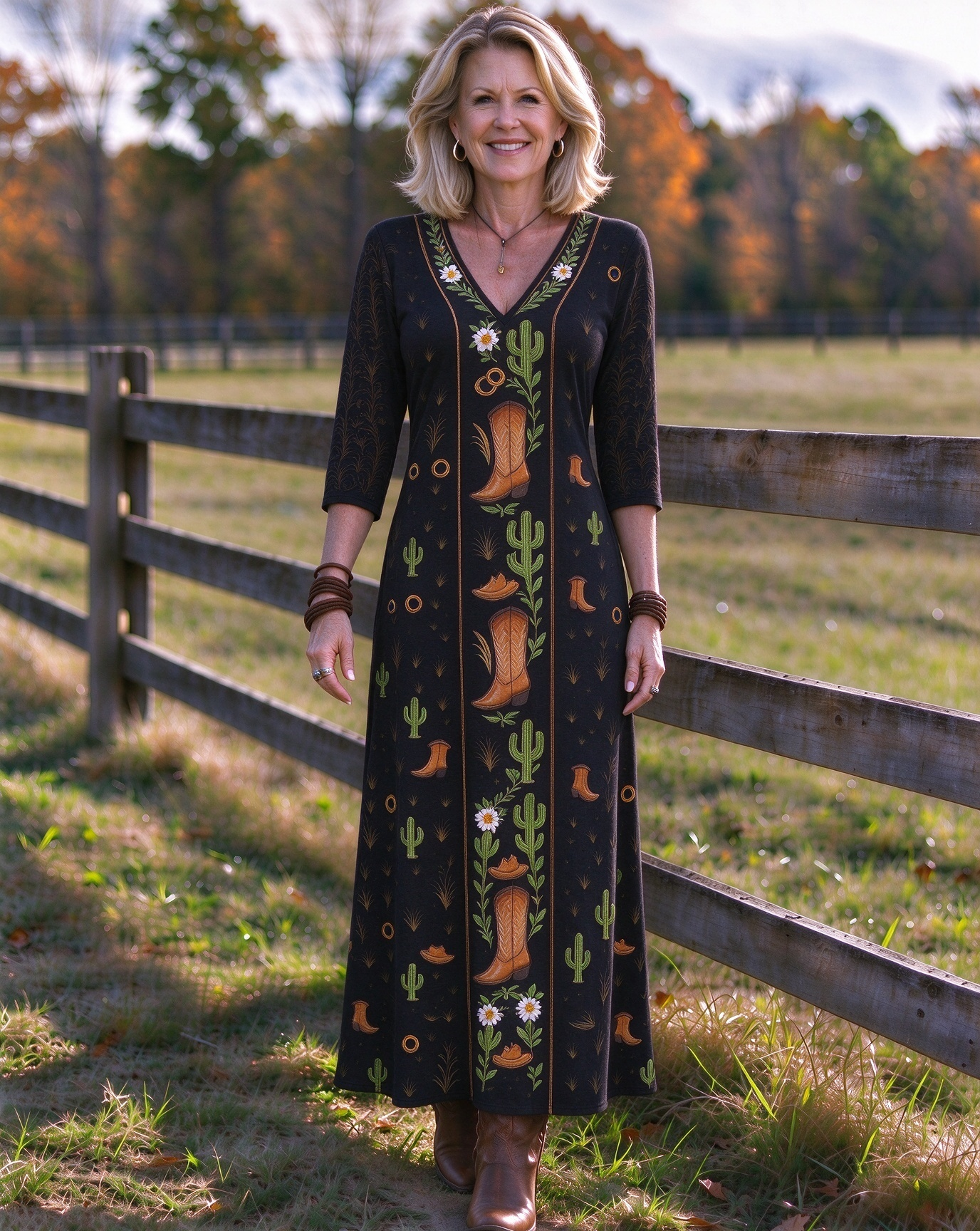 Ivory Western Cowboy Boot Cactus Botanical Panel V-neck long dress