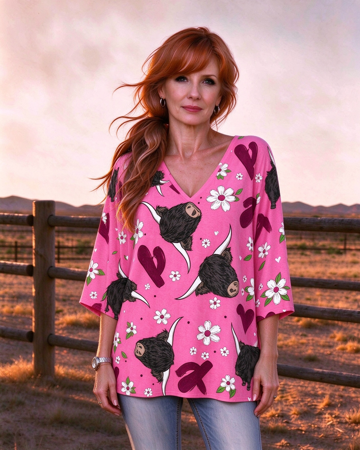 Highland denim paired with a daisy print three-quarter sleeve V-neck long top