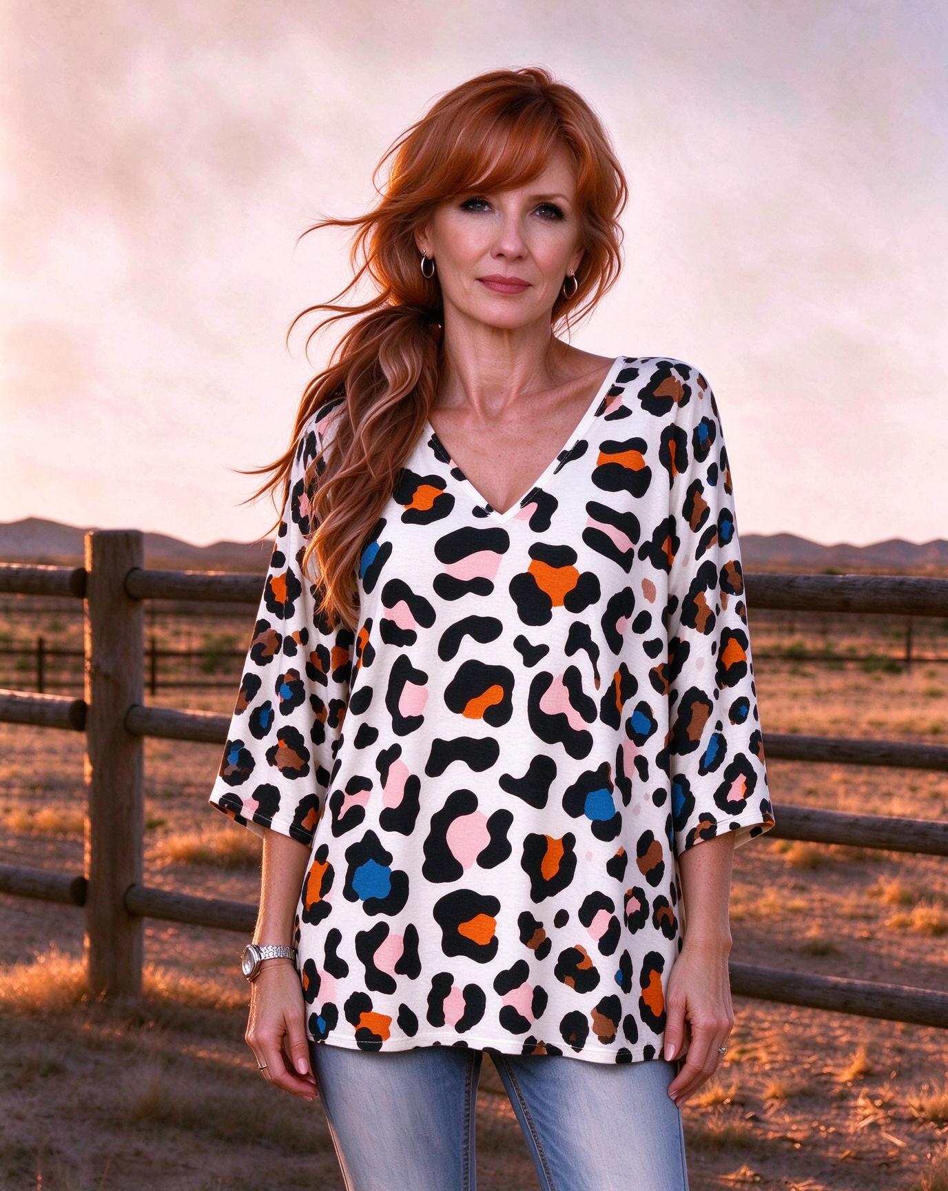 Western-style colorful leopard print V-neck long top