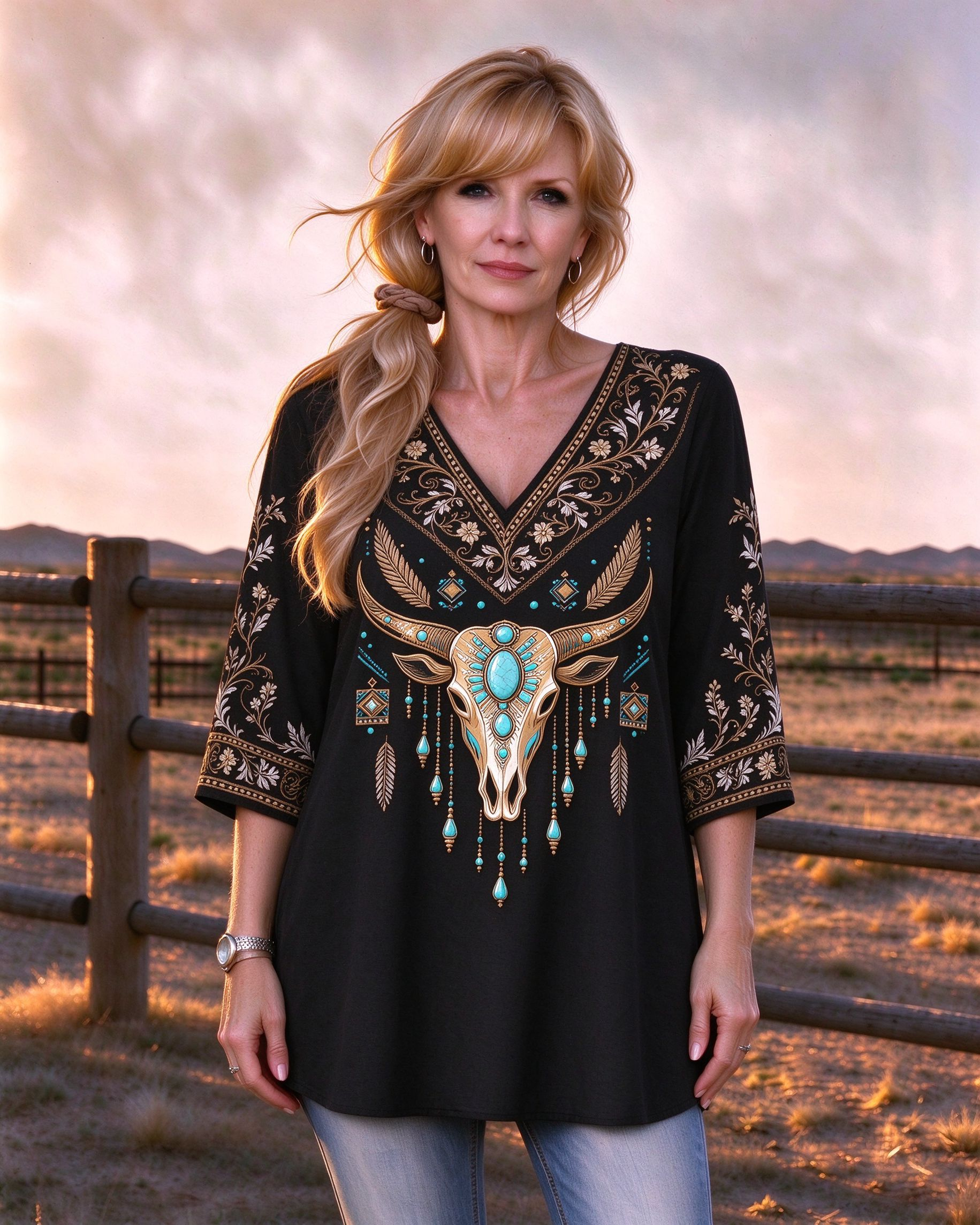 Longhorn Skull print V-neck Western-style long top