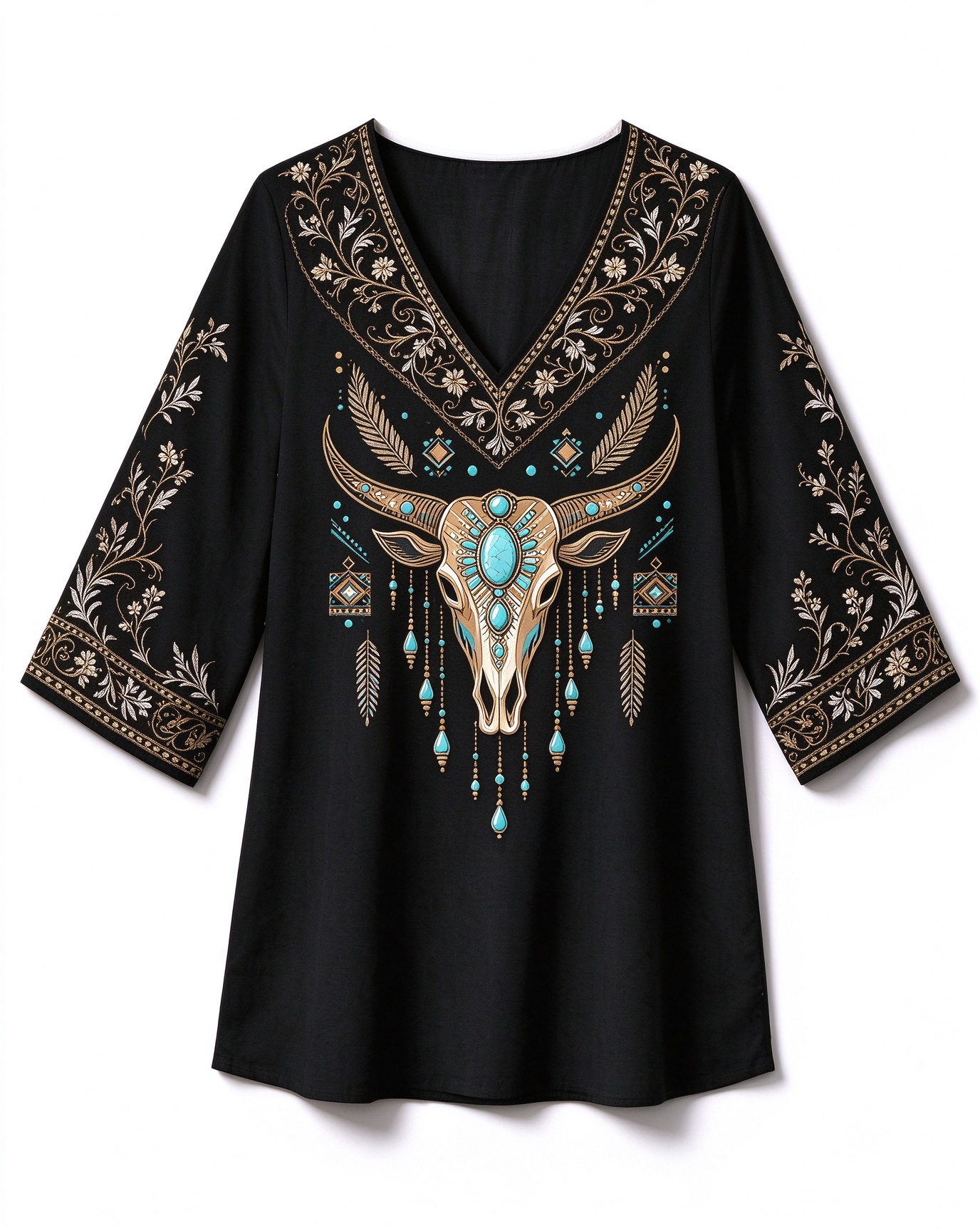 Longhorn Skull print V-neck Western-style long top