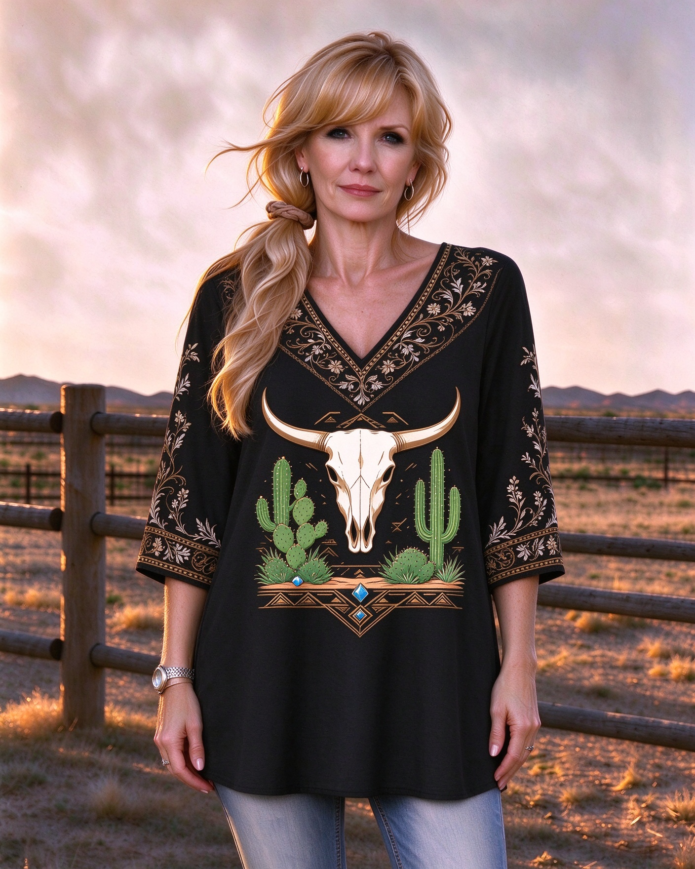 Long V-neck top with a long print of a bull horn skull, desert cactus, and tribe.