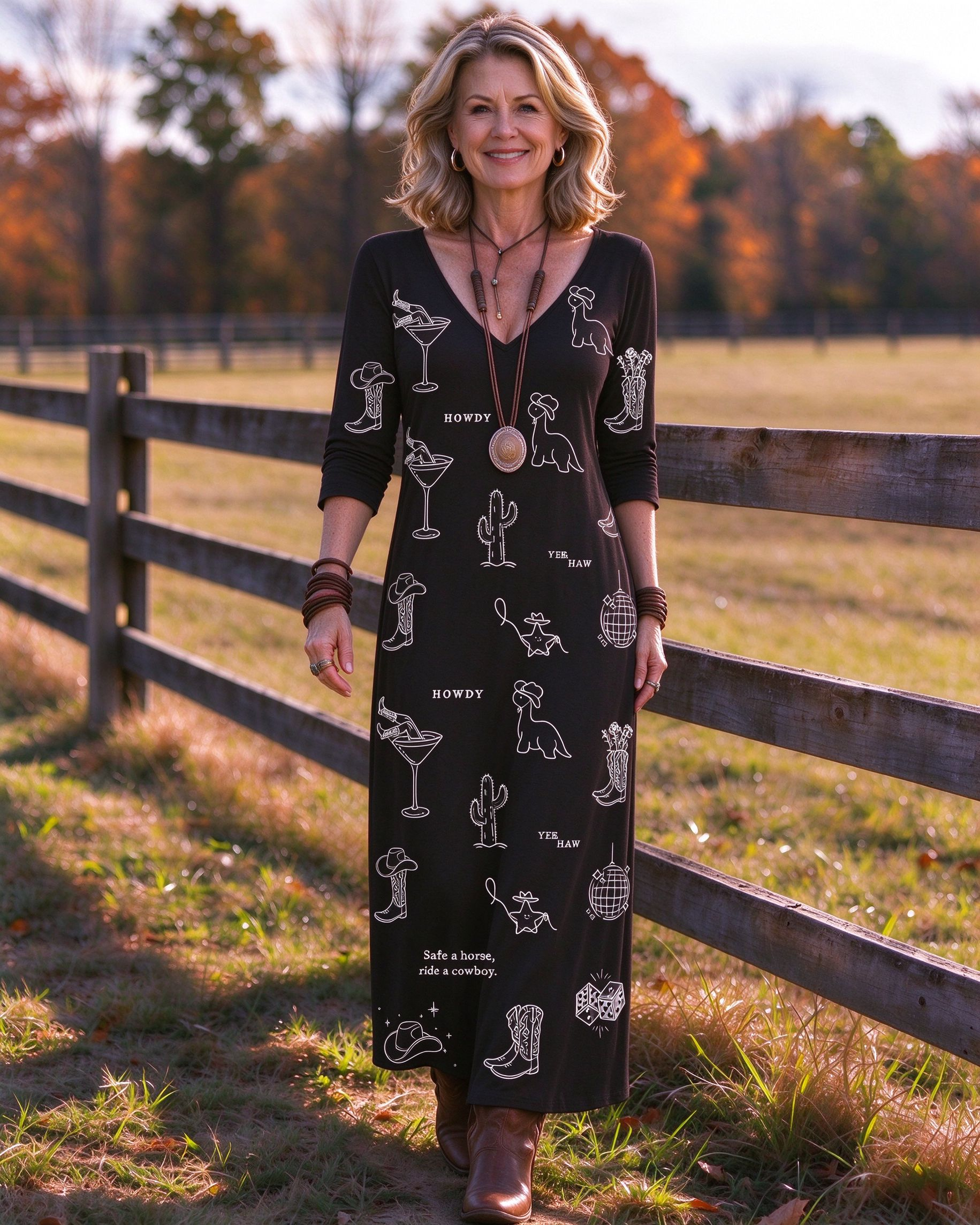 Funny Western Cowboy Dinosaur Print V-neck Maxi Dress