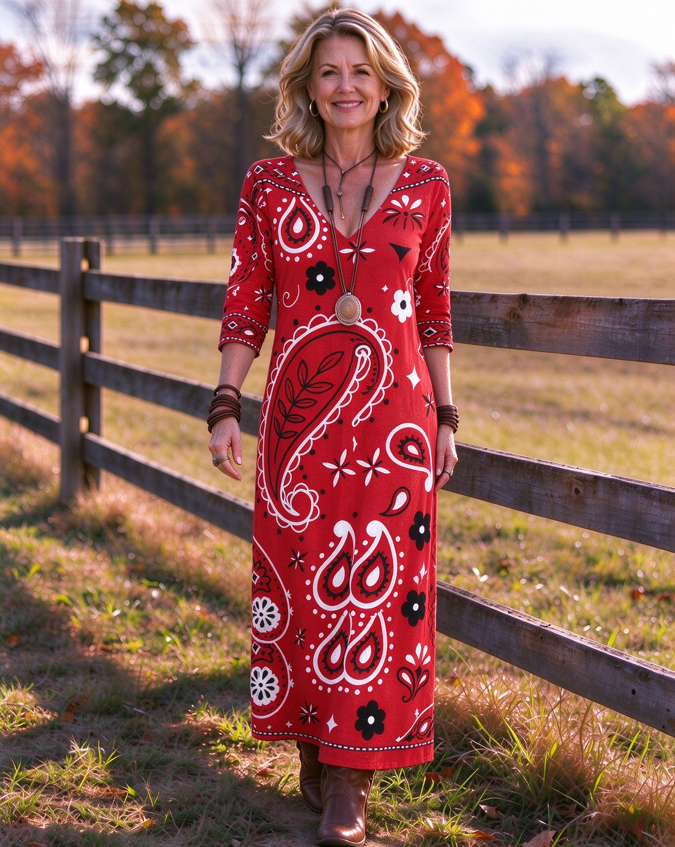 Western Paisley Floral Print V-Neck Long Dress