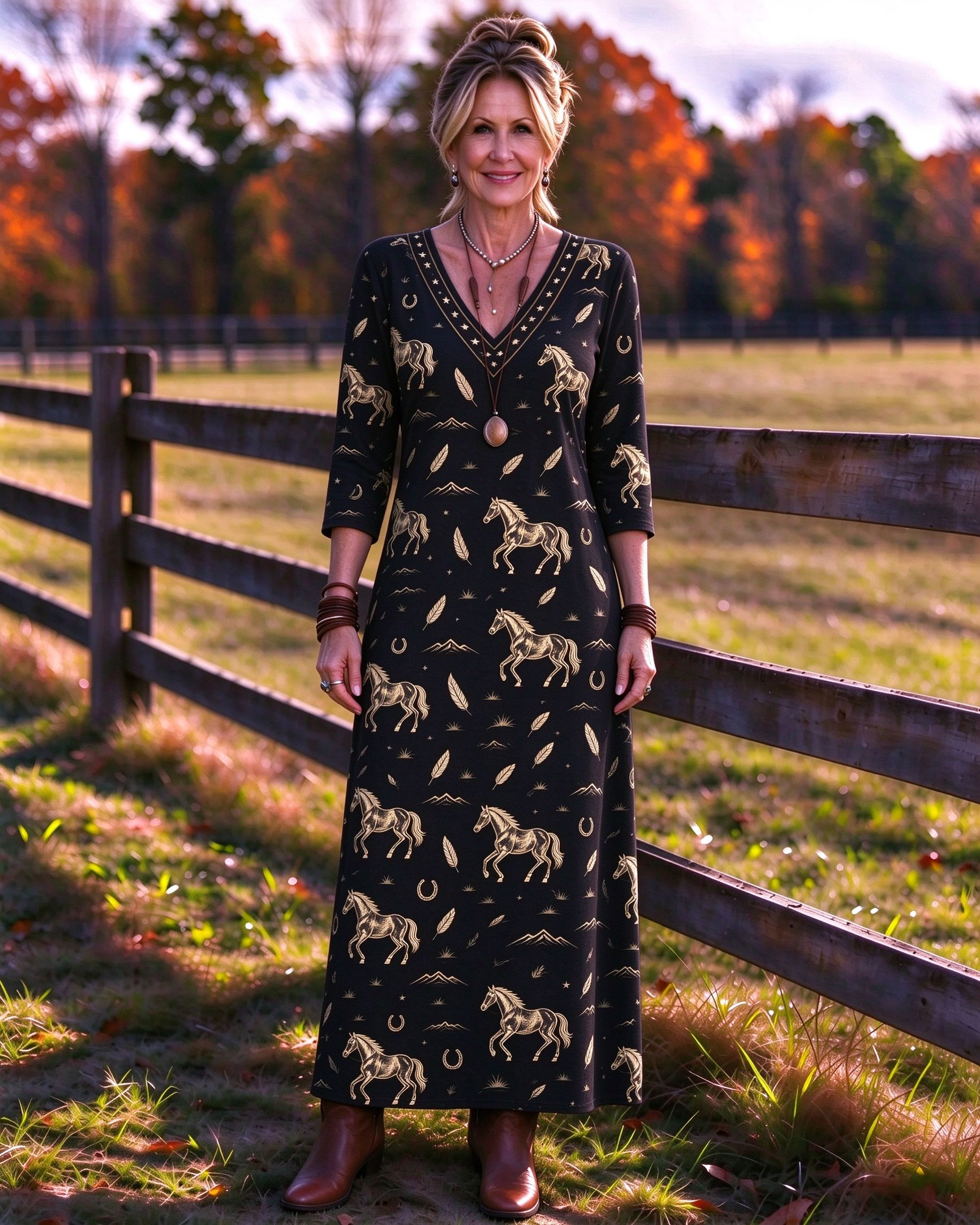 Vintage Equestrian Wild Horse & Feather Western V-Neck Printed Dress | Allover Print