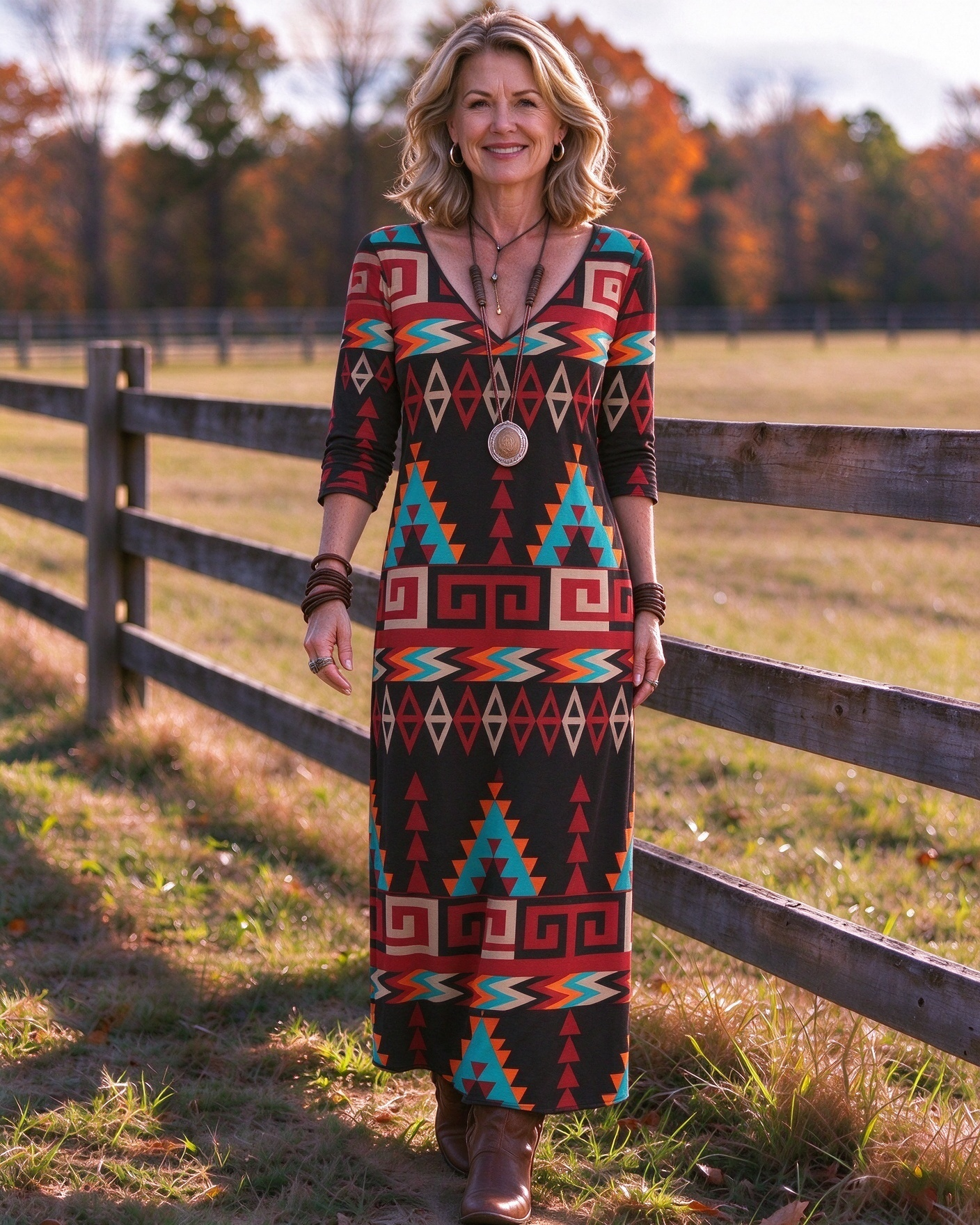 Eye-catching geometric patterns Western V-Neck Printed Dress | Allover Print