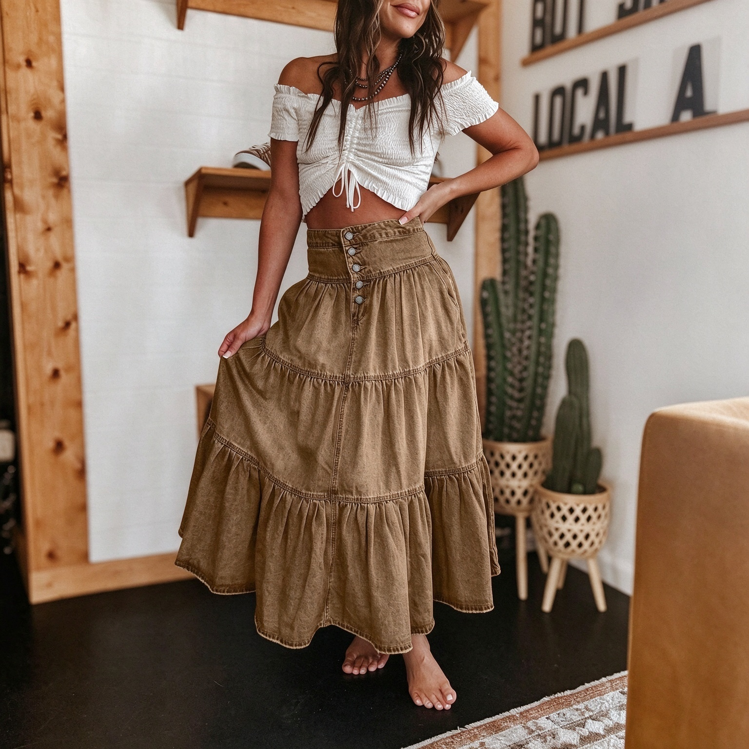 High Waist Button Front Tiered Denim Midi Skirt Western Ruffled Swing Skirt