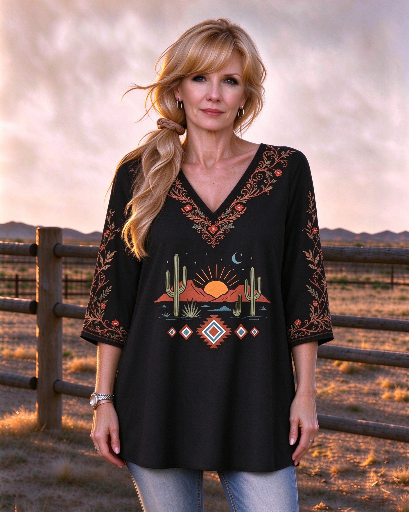 Desert Sunrise Cactus V-Neck Western Style Long Top