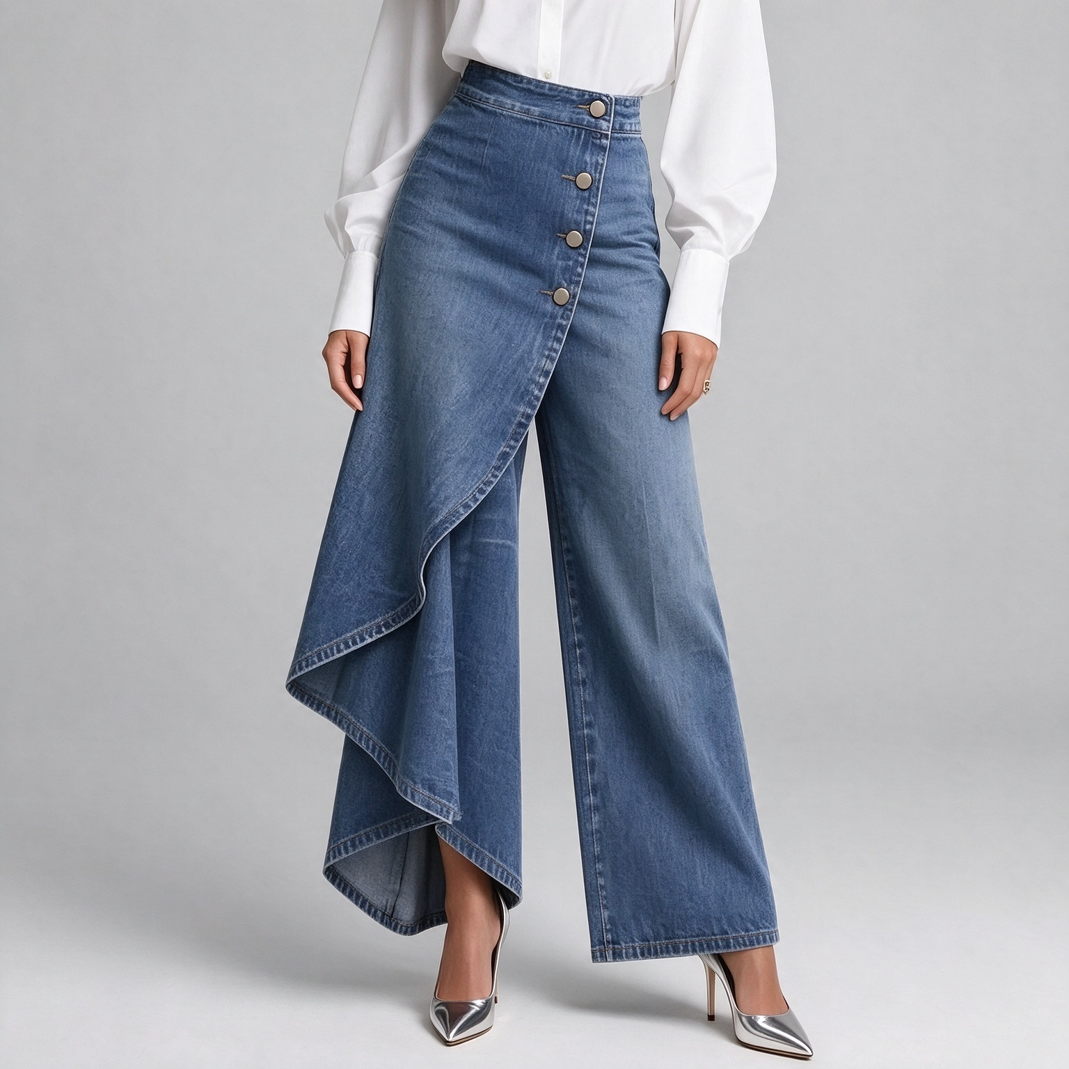 Side Button Asymmetrical Ruffle Wrap Western Wide Leg Pants