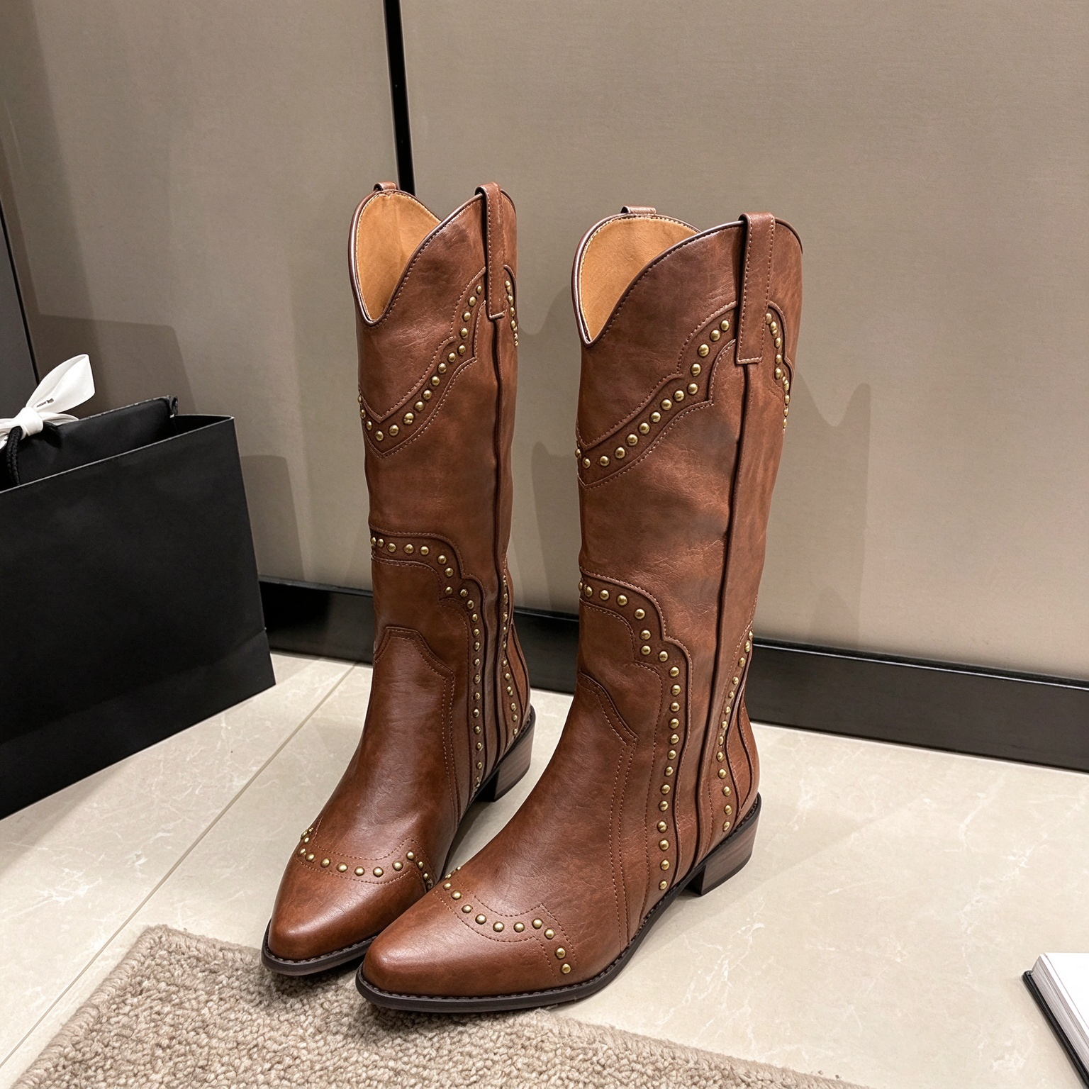 Vintage Western Curved Top Rivet Studded Pointed Toe Tall Cowboy Boots