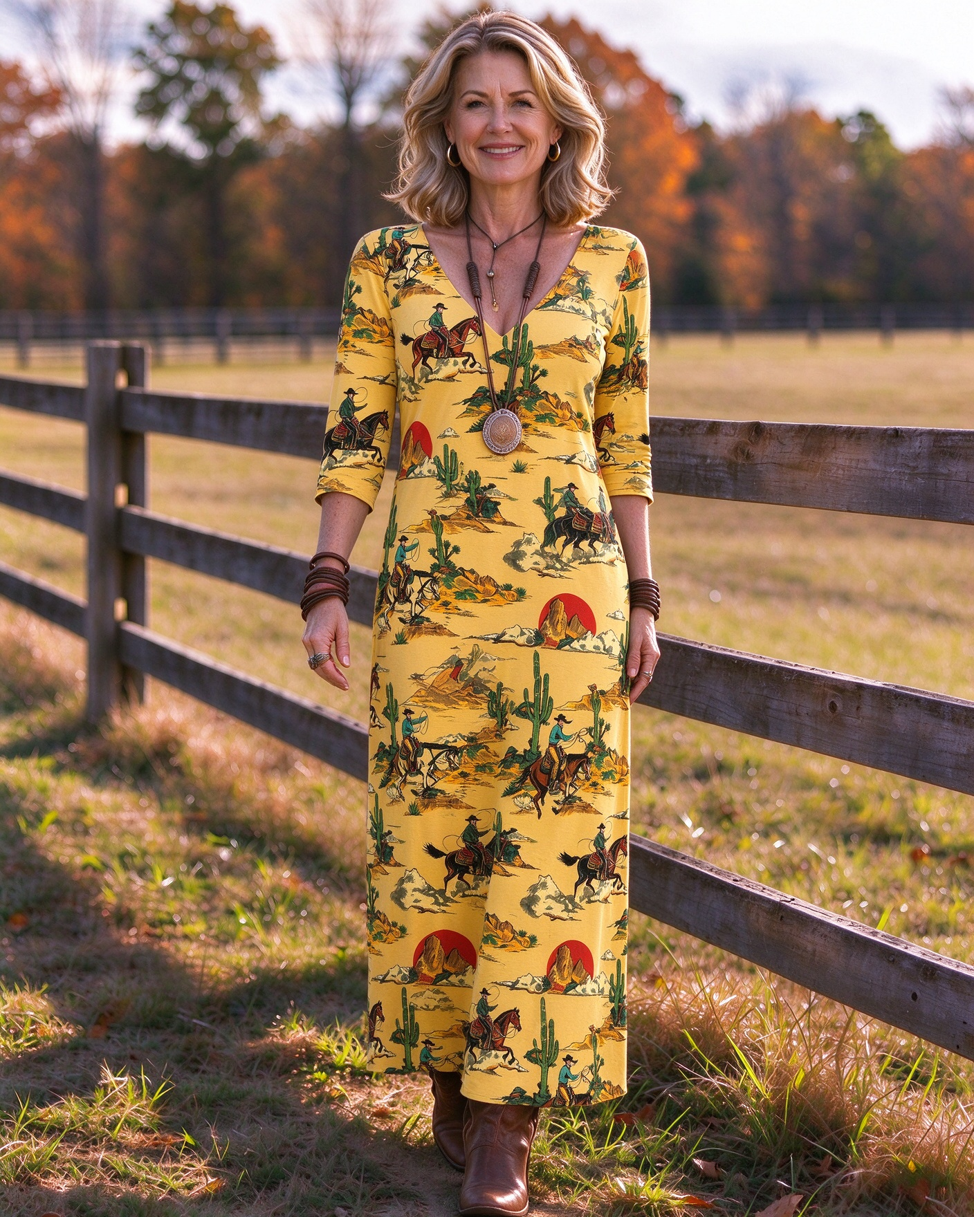 Retro Western desert cowboy horseback riding scene giant cactus print V-neck long dress
