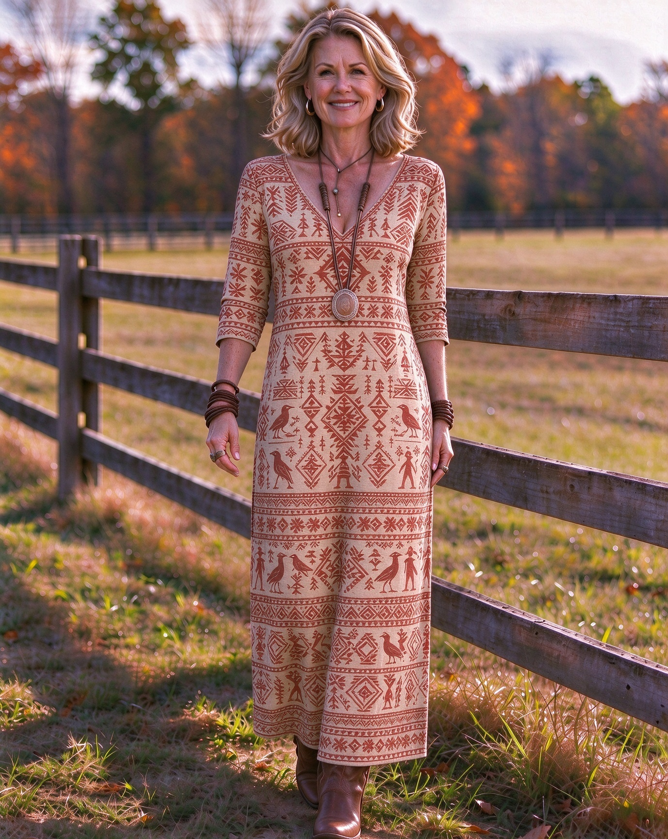 Geometric bird totem Western V-Neck Printed Dress | Allover Print