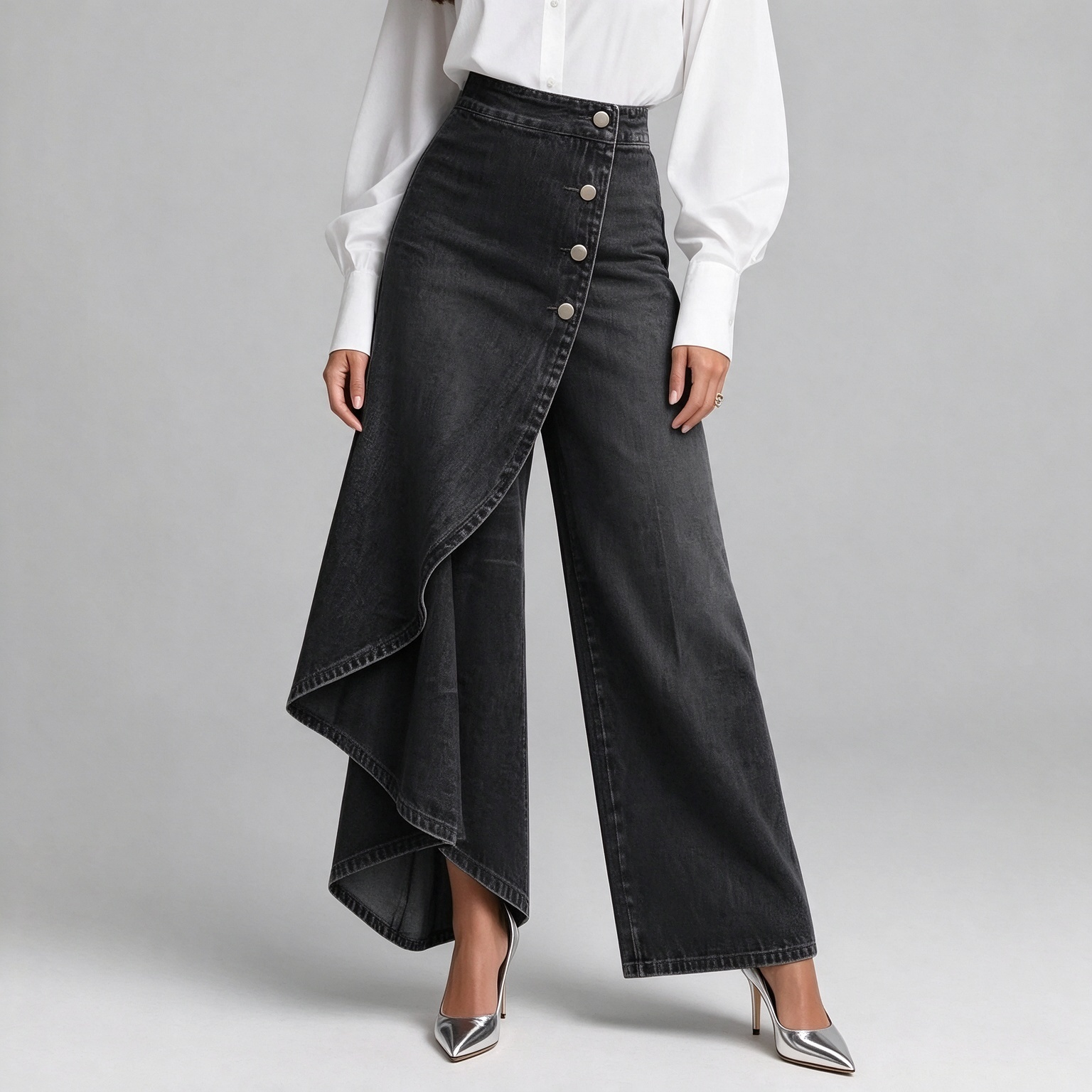 Side Button Asymmetrical Ruffle Wrap Western Wide Leg Pants