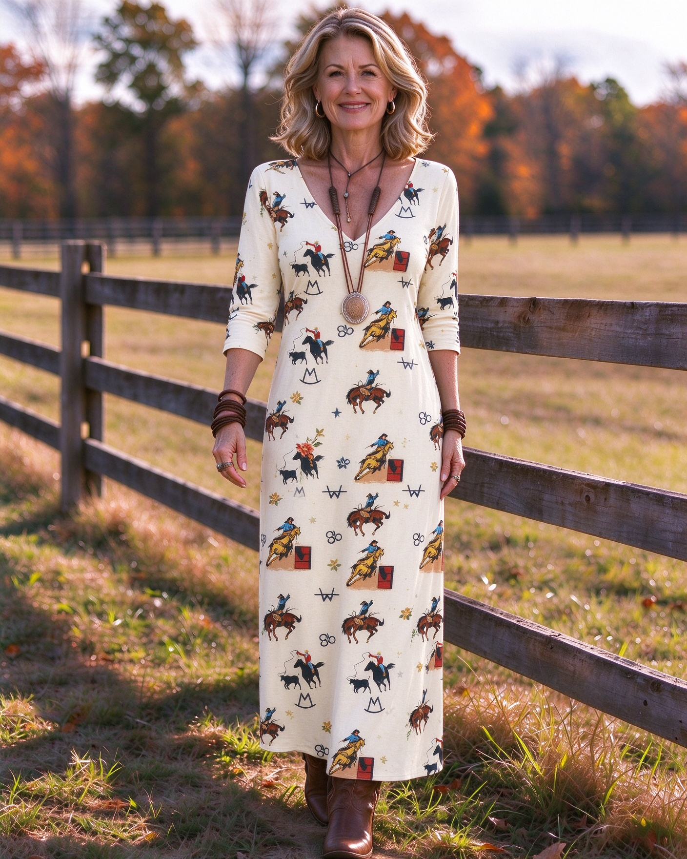 Retro cowboy racing mustang rider ranch brand symbol Western print V-neck long dress