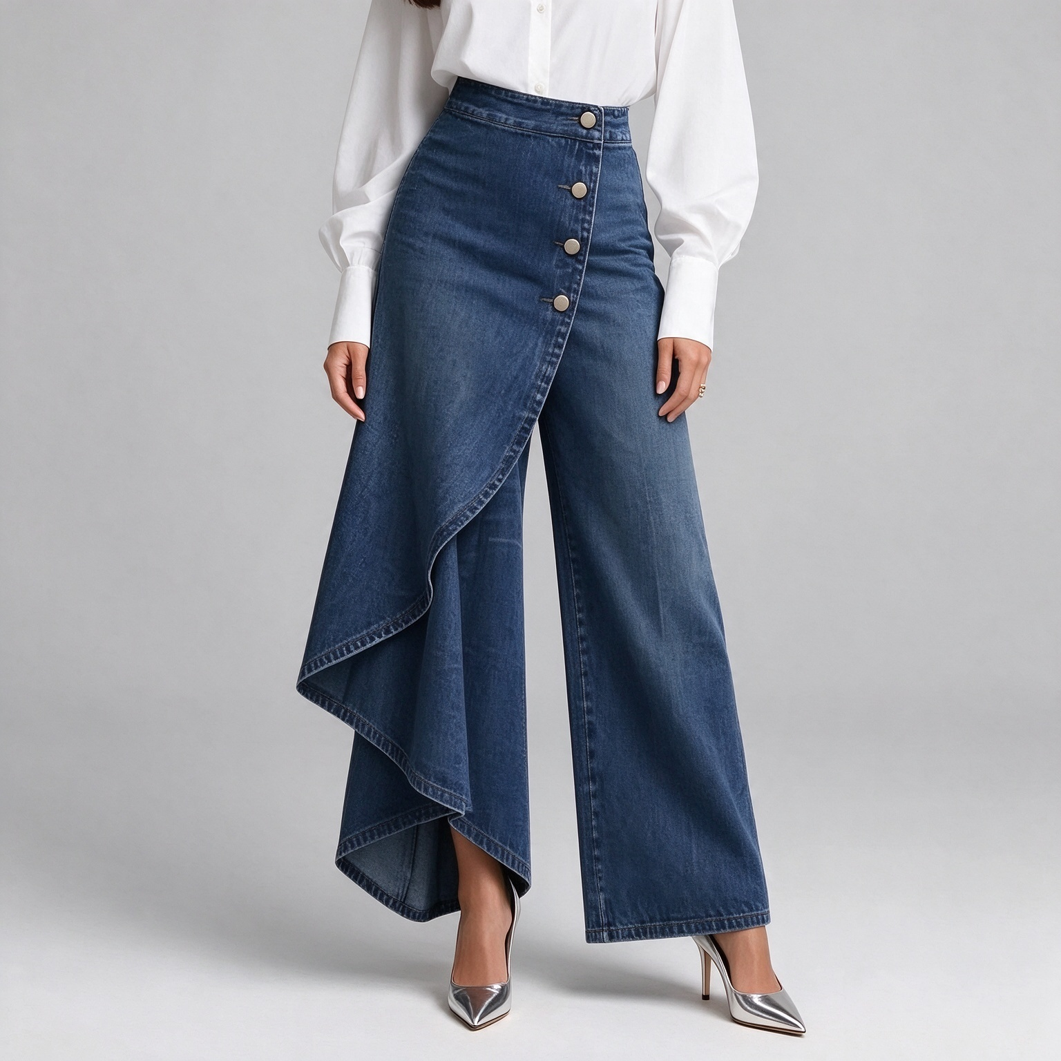 Side Button Asymmetrical Ruffle Wrap Western Wide Leg Pants