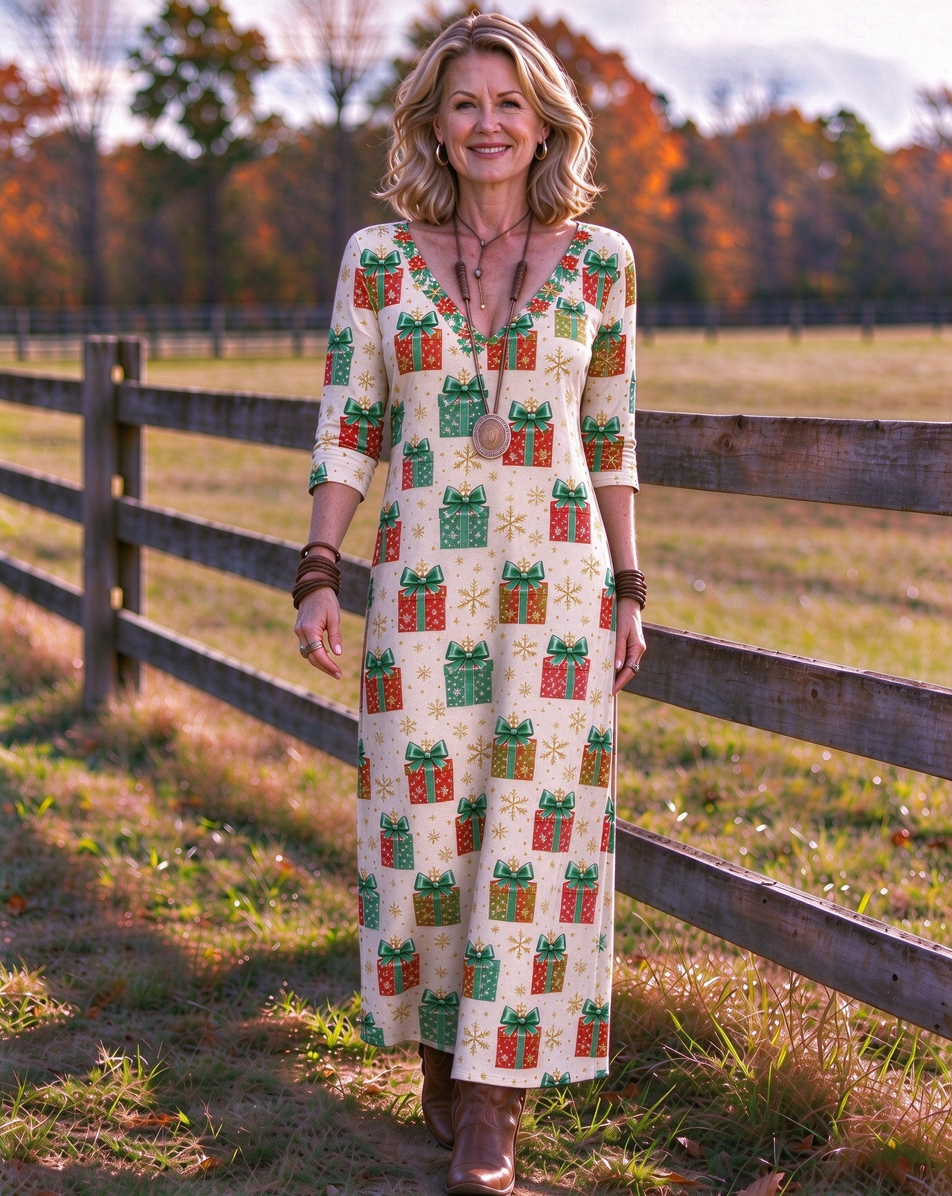 Christmas gift box with snowflakes and stars Western V-Neck Printed Dress | Allover Print