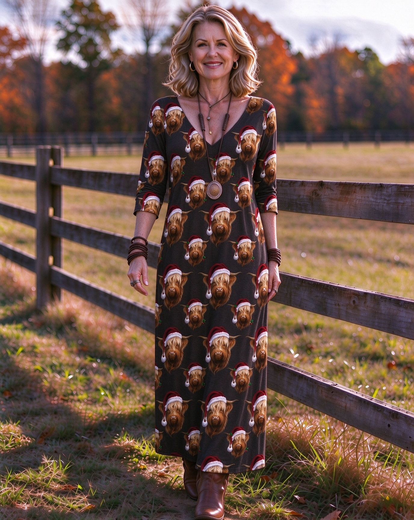 Cute Christmas hat Highland cow Western V-Neck Printed Dress | Allover Print