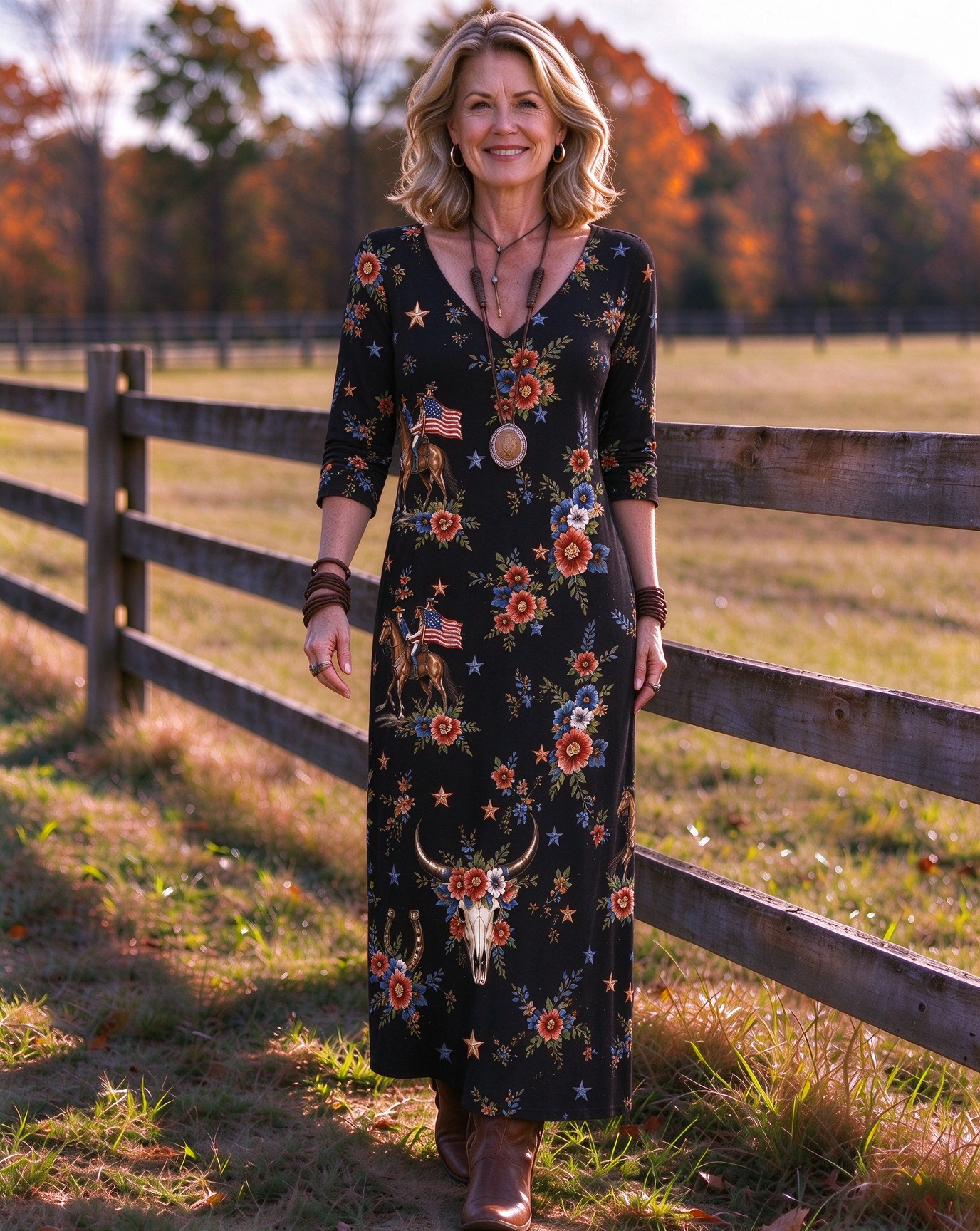 Patriotic Western cowboy long dress with floral and star print V-neck
