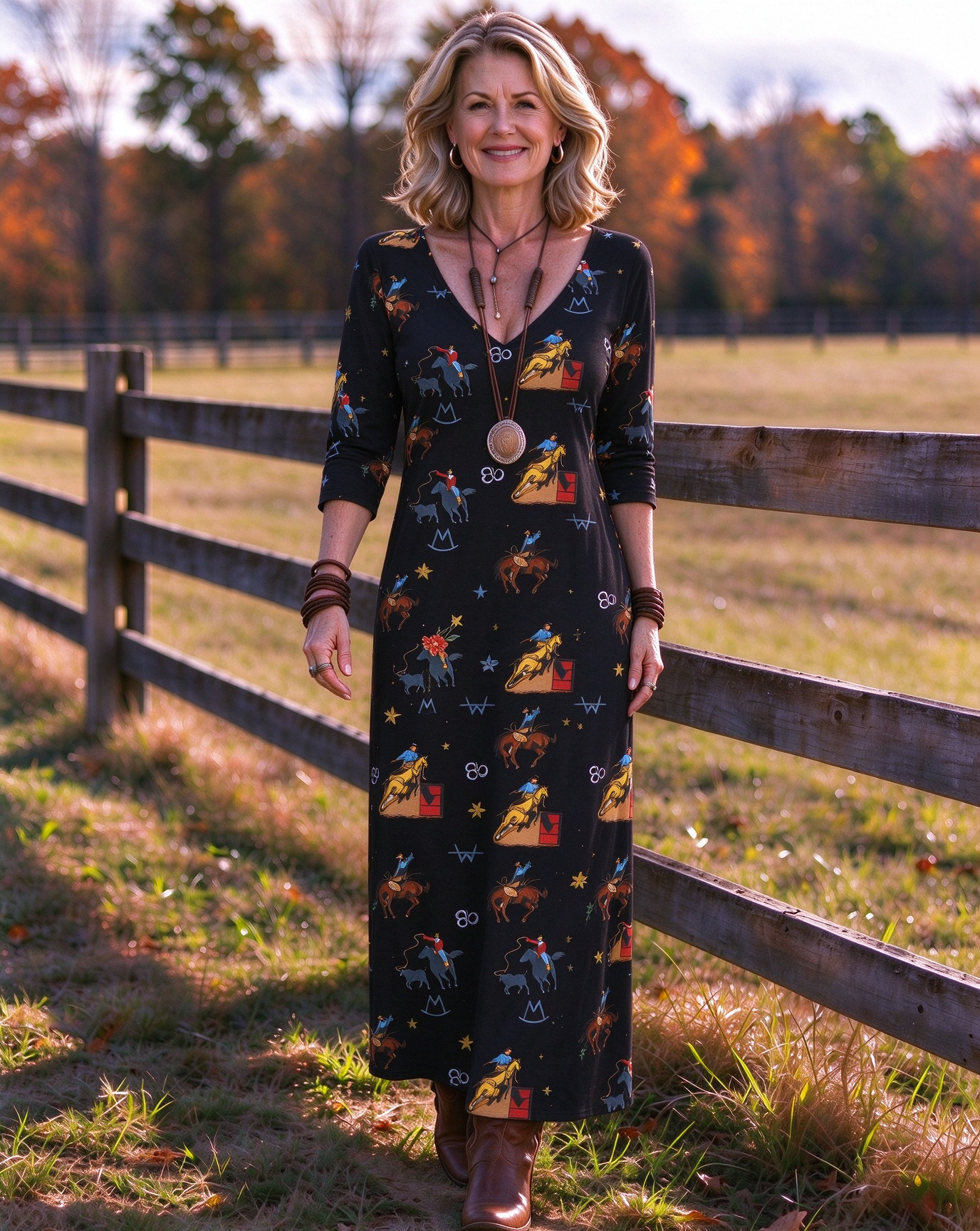 Retro cowboy racing mustang rider ranch brand symbol Western print V-neck long dress