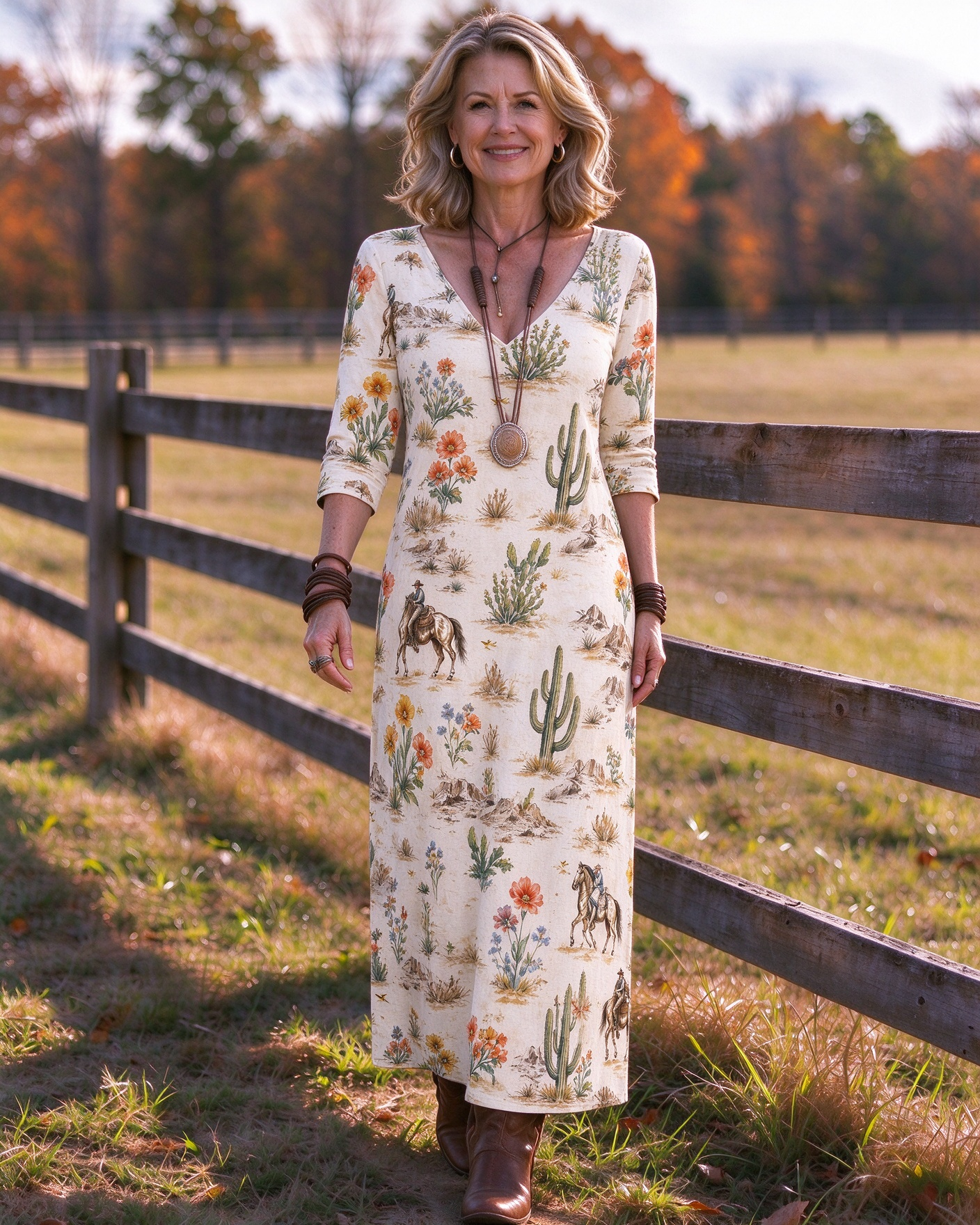 Retro Desert Cactus Wildflower Cowboy Horse Riding Print Western V-neck Long Dress
