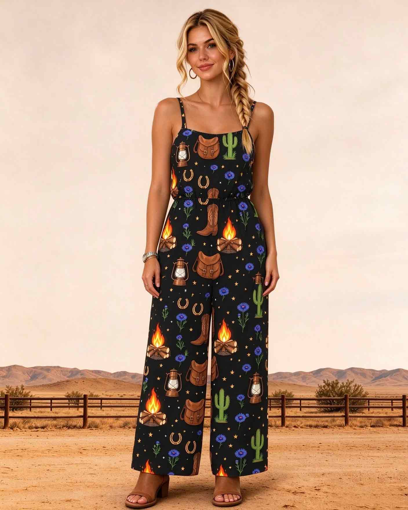 Women Western Campfire Cactus Graphic Sleeveless Wide Leg Jumpsuit