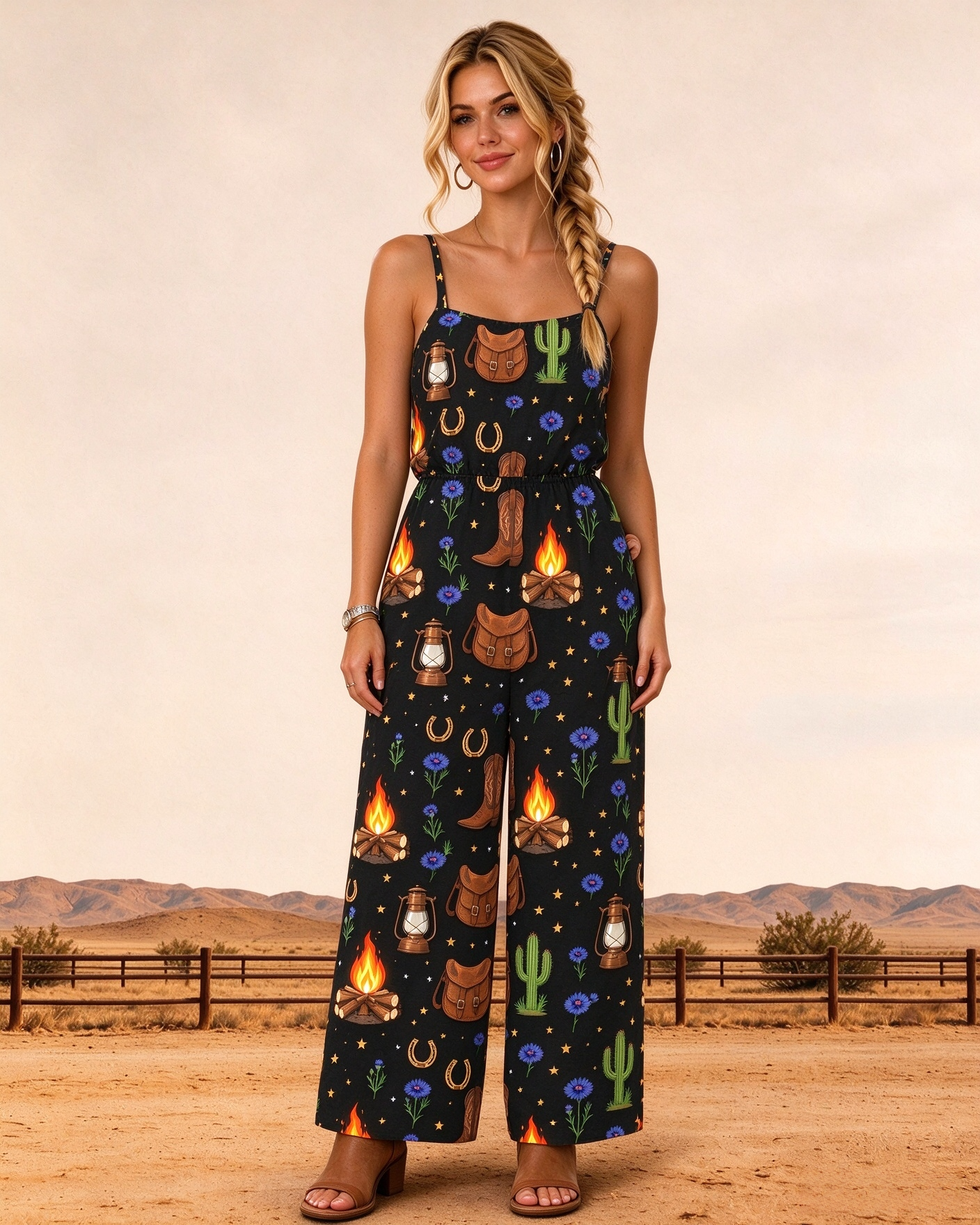 Women Western Campfire Cactus Graphic Sleeveless Wide Leg Jumpsuit