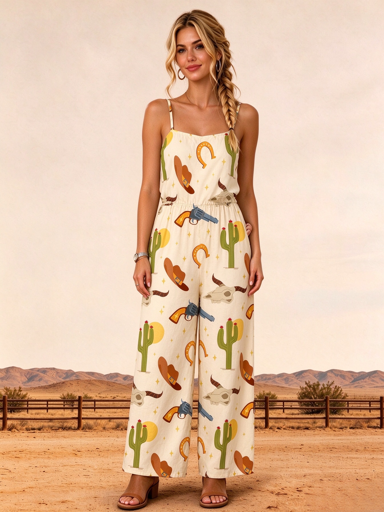 Cream Western Cowboy Desert Cactus Horseshoe Print Jumpsuits with Pockets