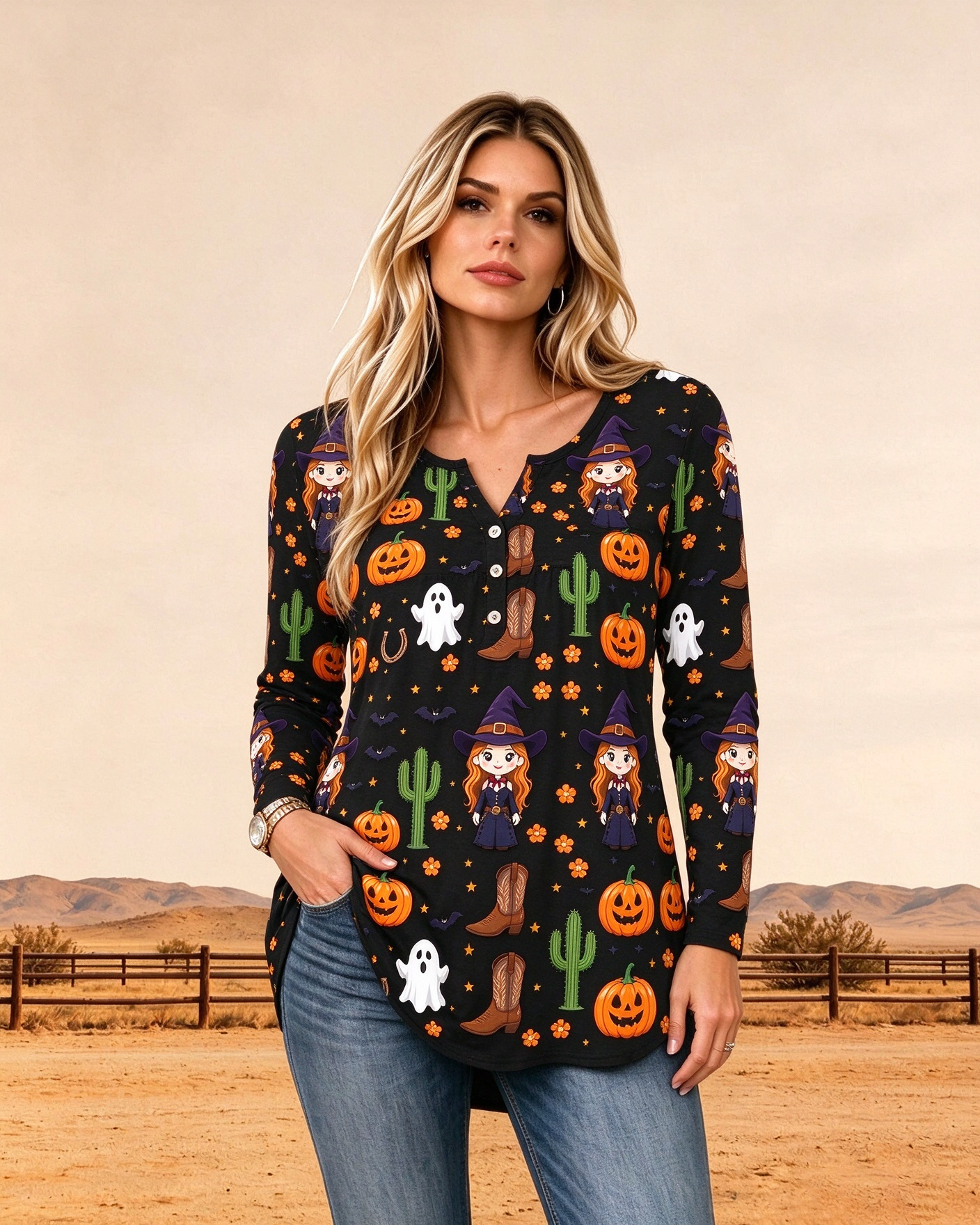 Spooky Western Halloween Pumpkin & Witch Print Tunic Top