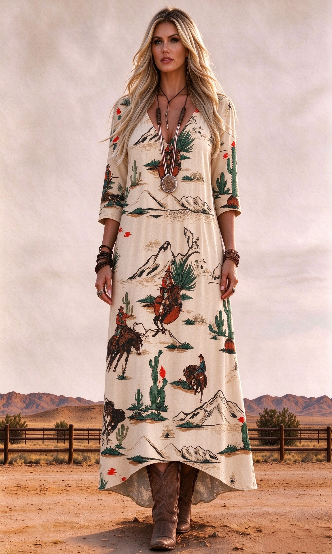 V-neck three-quarter sleeve retro Western cowboy horse cactus landscape maxi dress