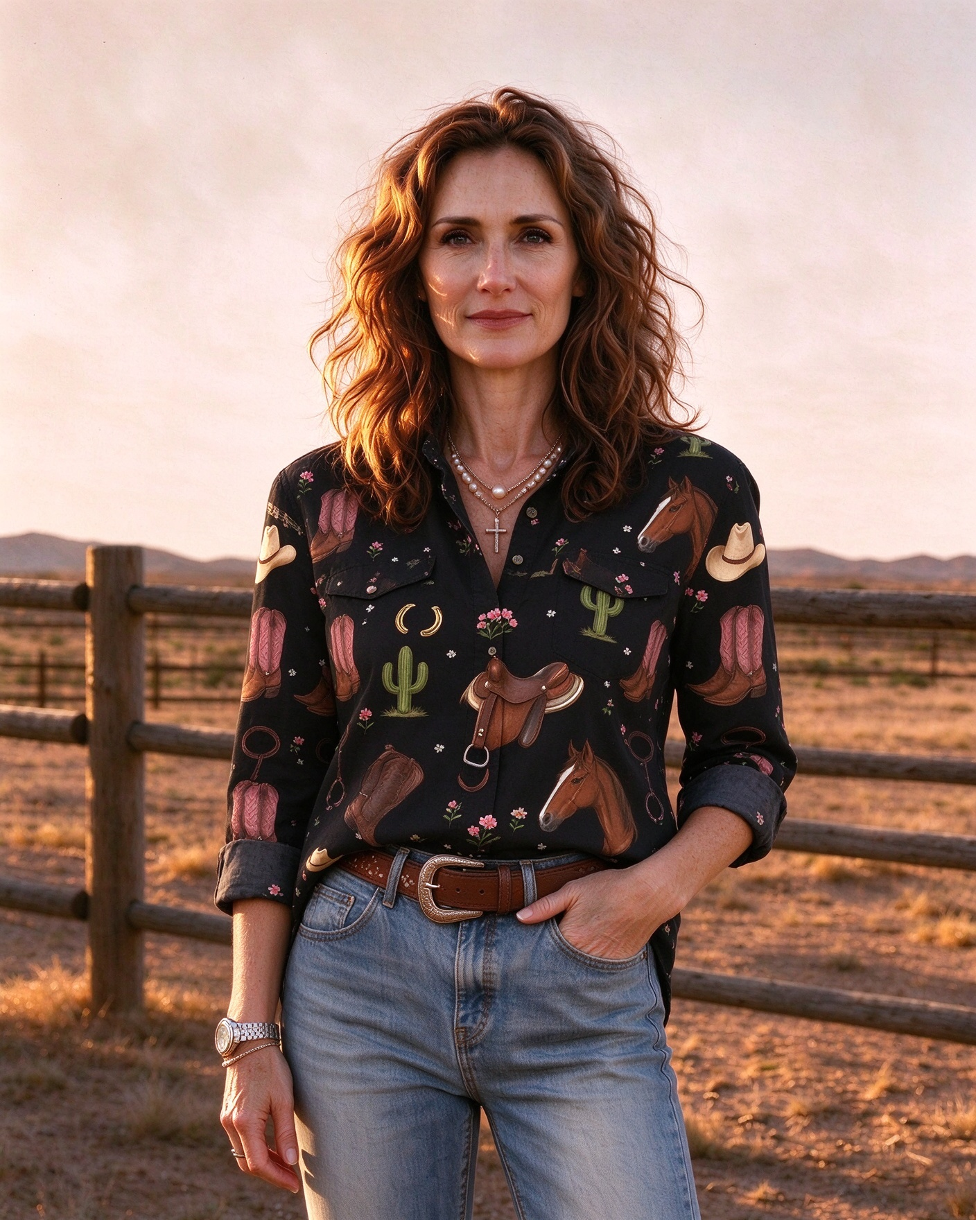 Collared Long-Sleeved Western Horse Pattern Button-Up Shirt