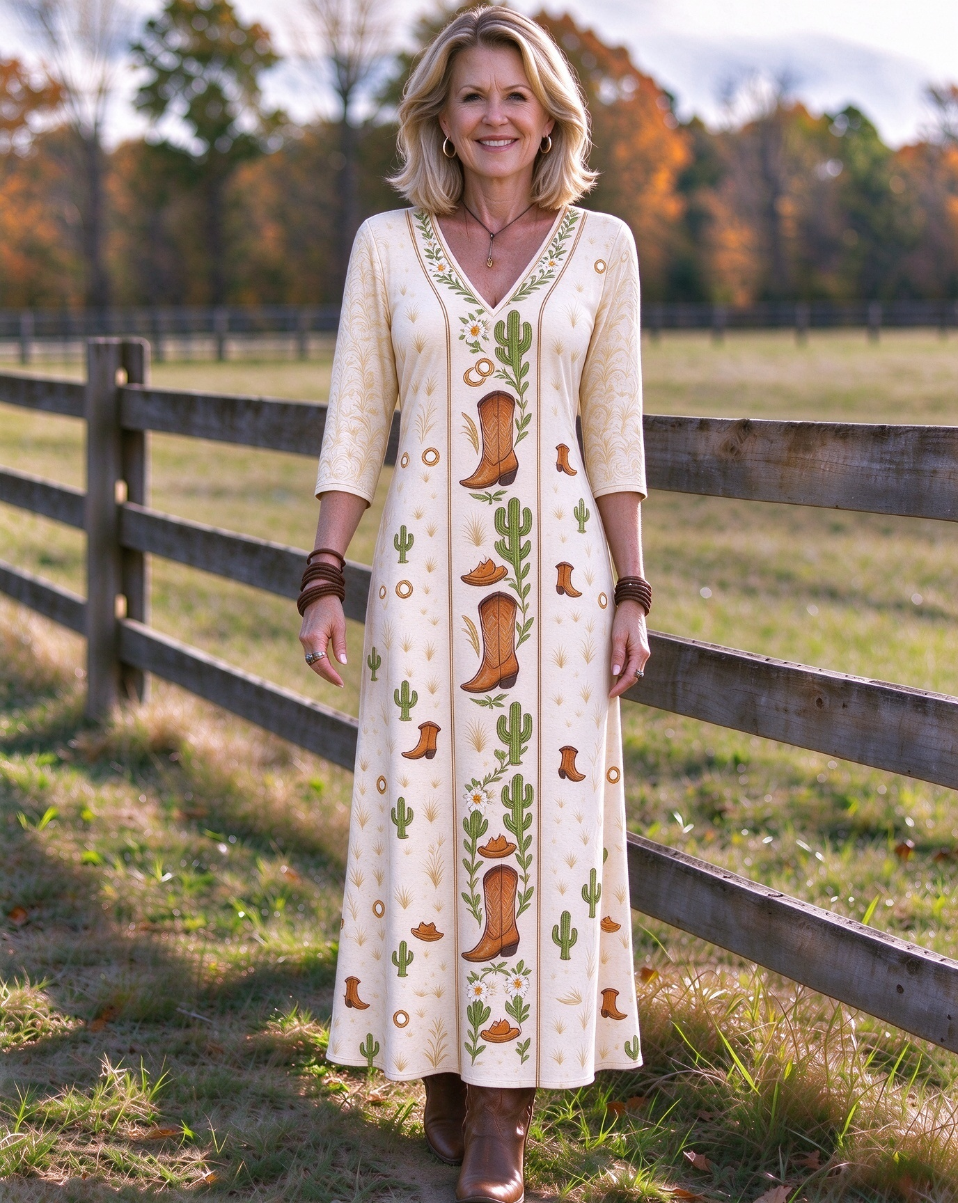 Ivory Western Cowboy Boot Cactus Botanical Panel V-neck long dress