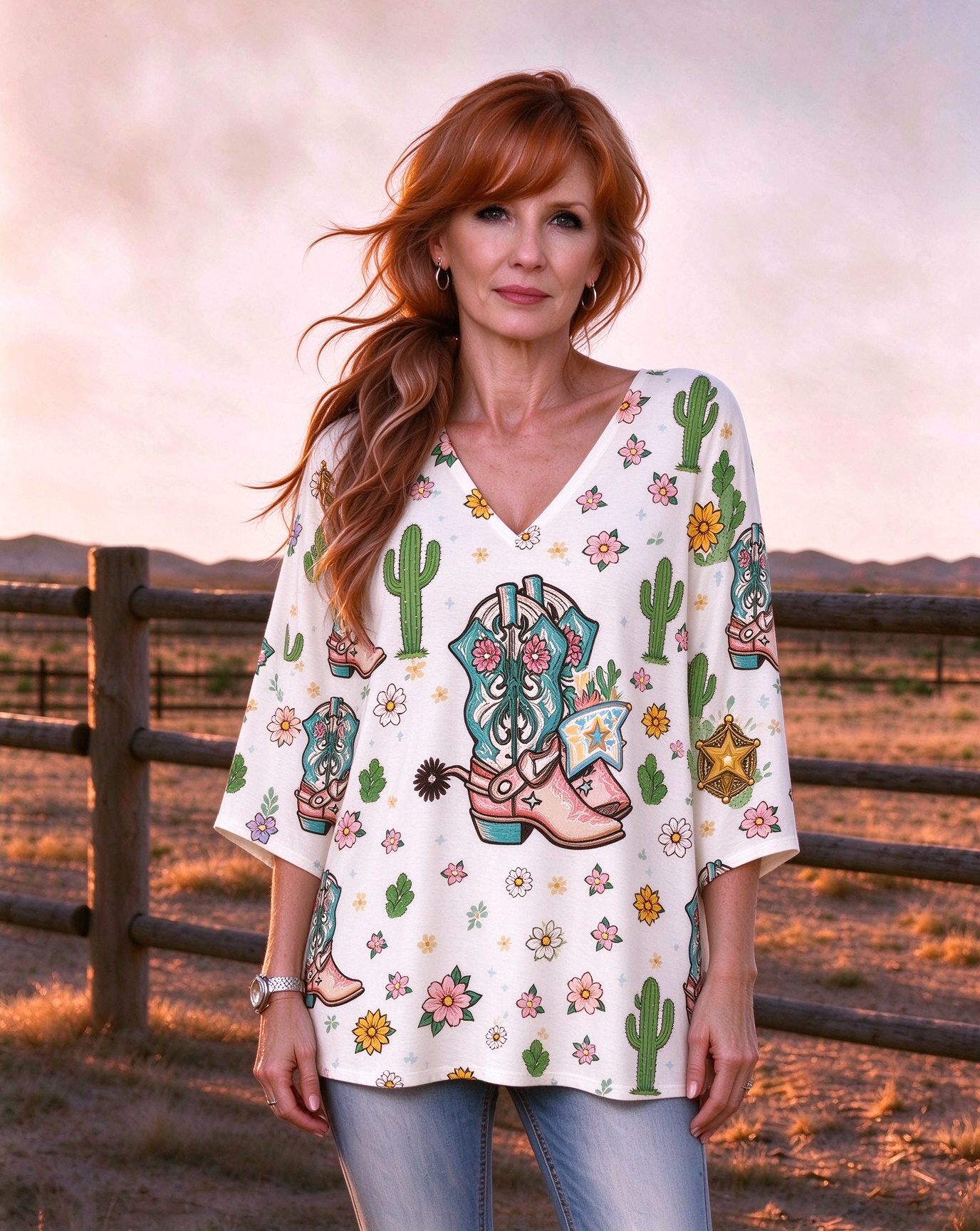 Western cowboy boots, cactus floral print V-neck long top