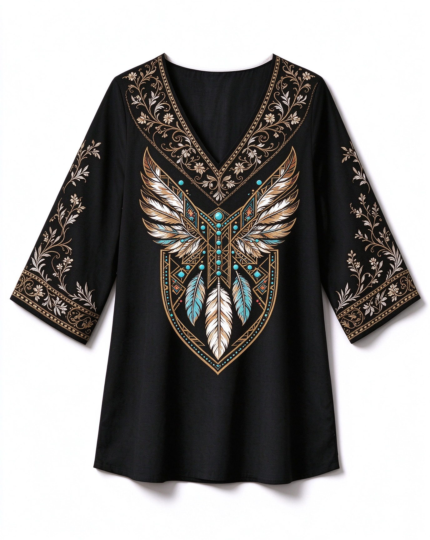 Eagle Wing print V-neck Western-style long top