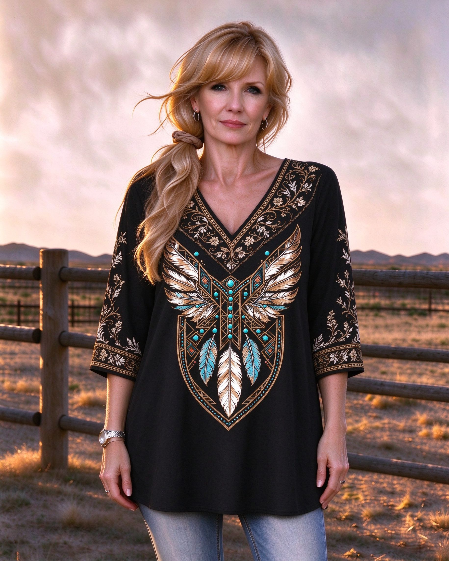 Eagle Wing print V-neck Western-style long top