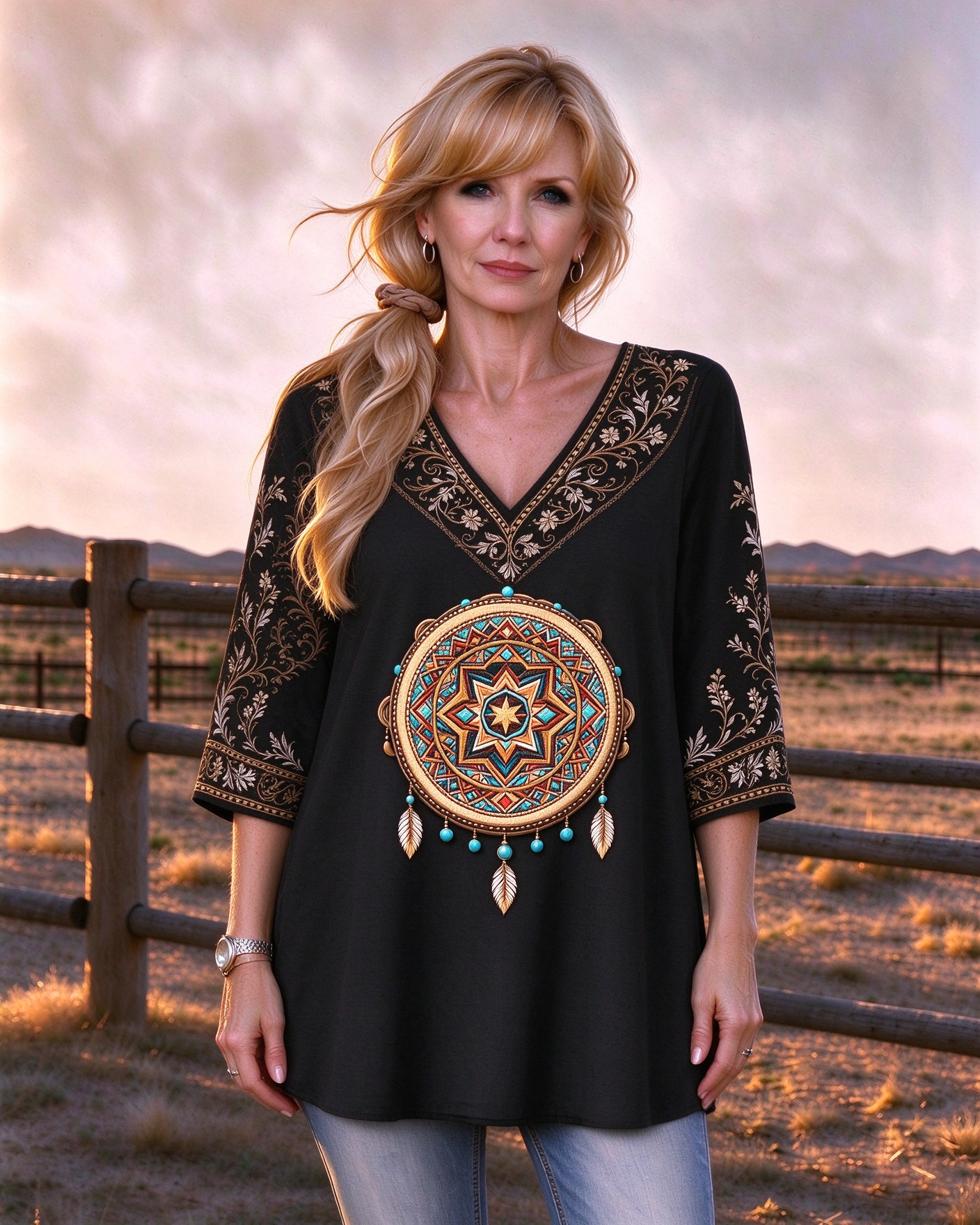 Dreamcatcher Mandala Tribe Geometric Print V-neck Long Top