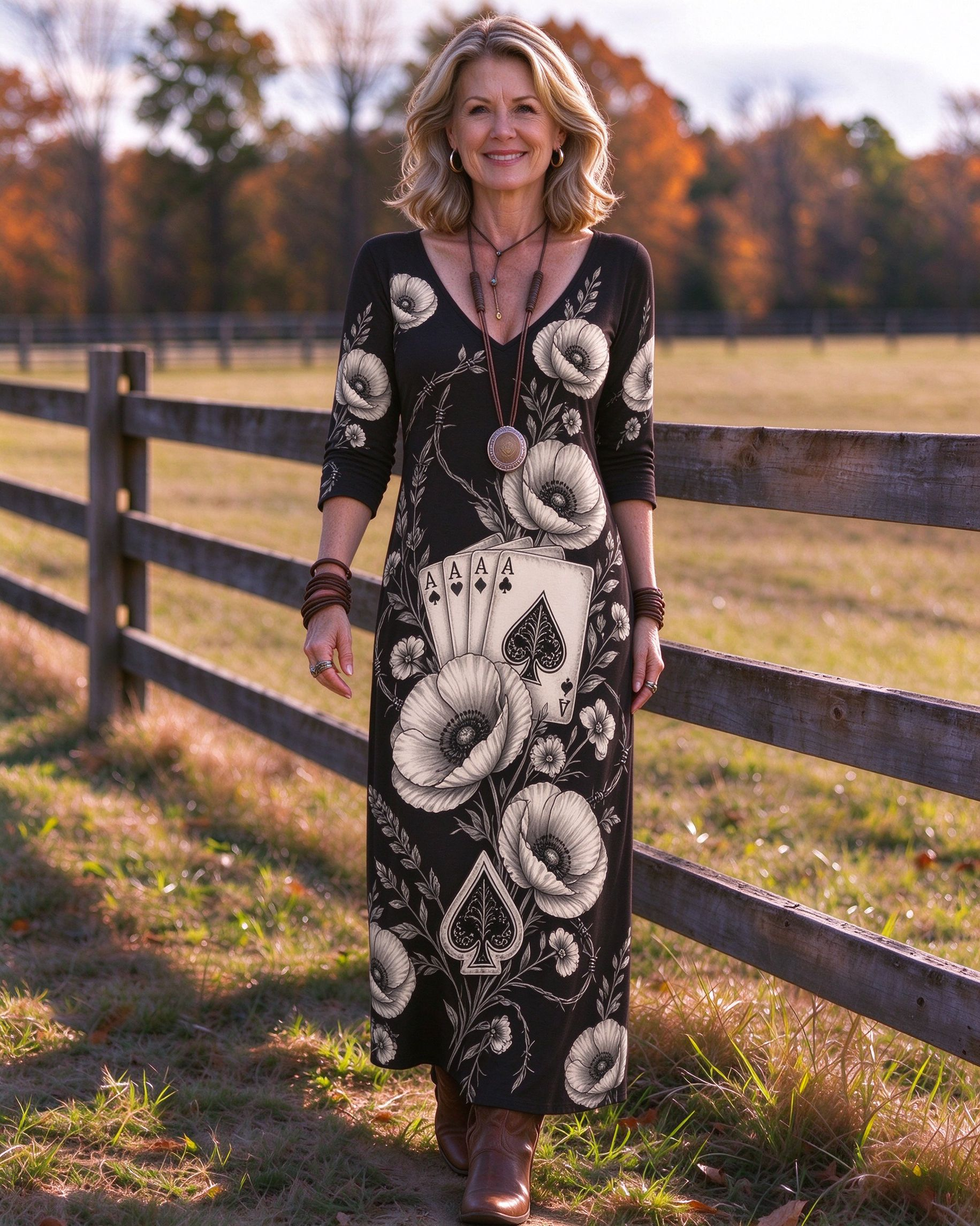 Gothic Western Ace of Spades & Poppy Floral Printed V-neck Maxi Dress
