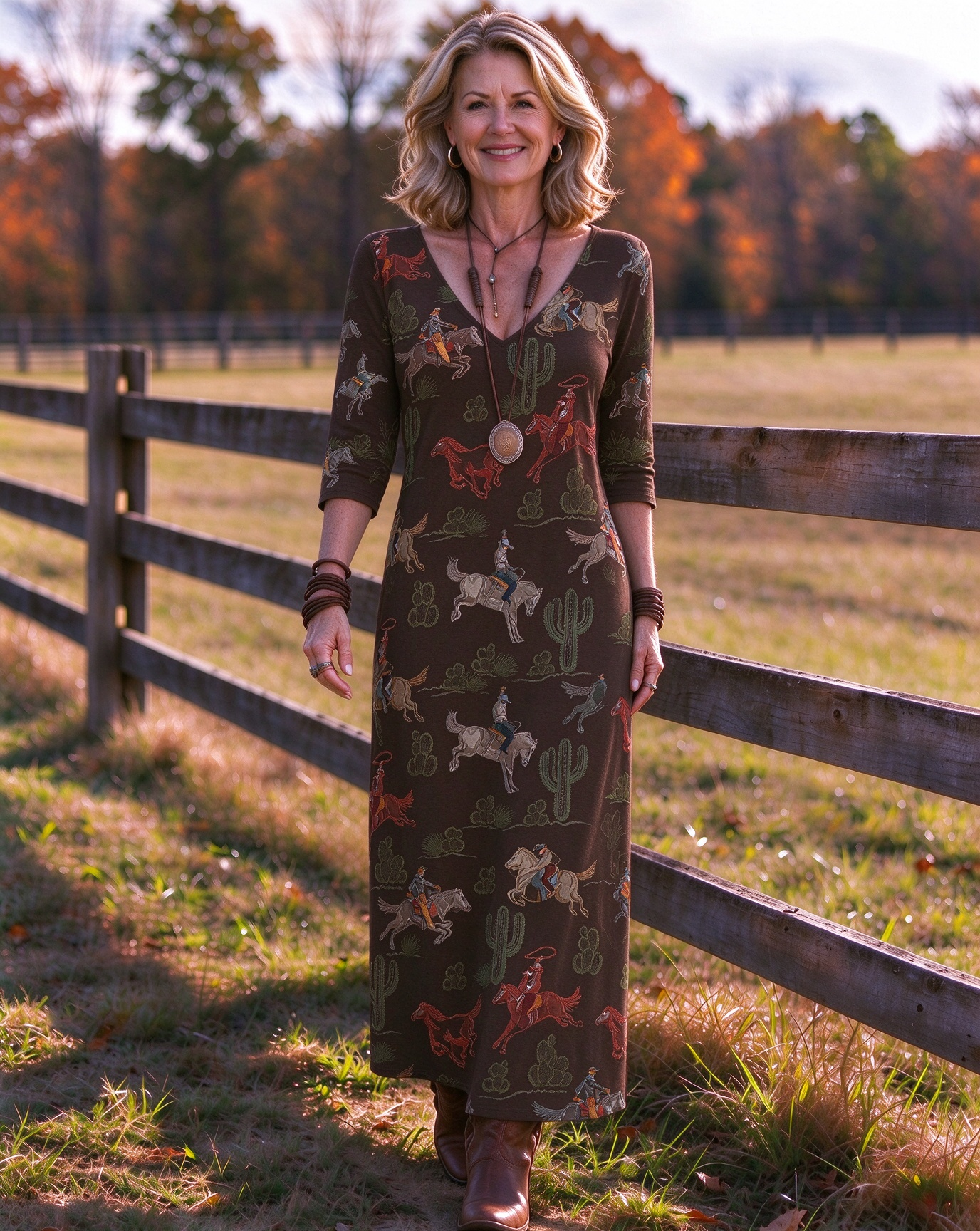 Western Cowboy Rider Wild Horse Cactus Western V-Neck Printed Dress | Allover Print