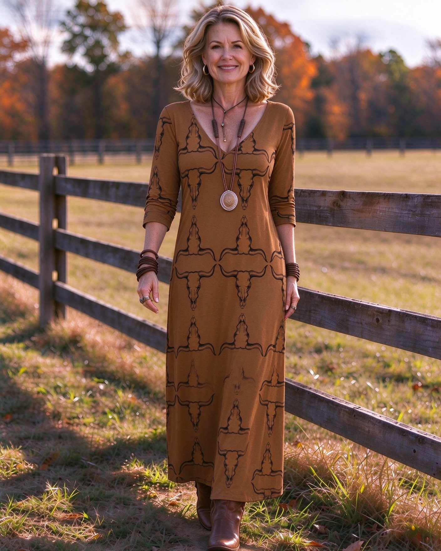 Long bull skull Western V-Neck Printed Dress | Allover Print