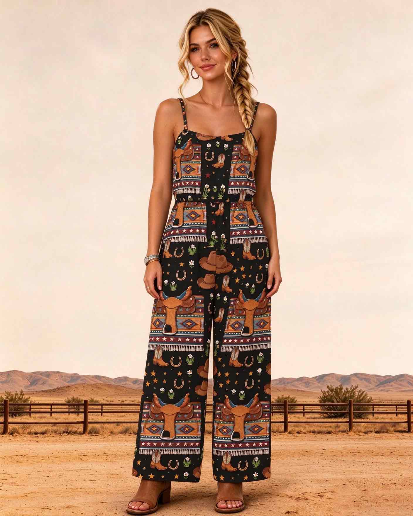 Southwestern Saddle & Cowboy Hat Print Western Spaghetti Strap Jumpsuit