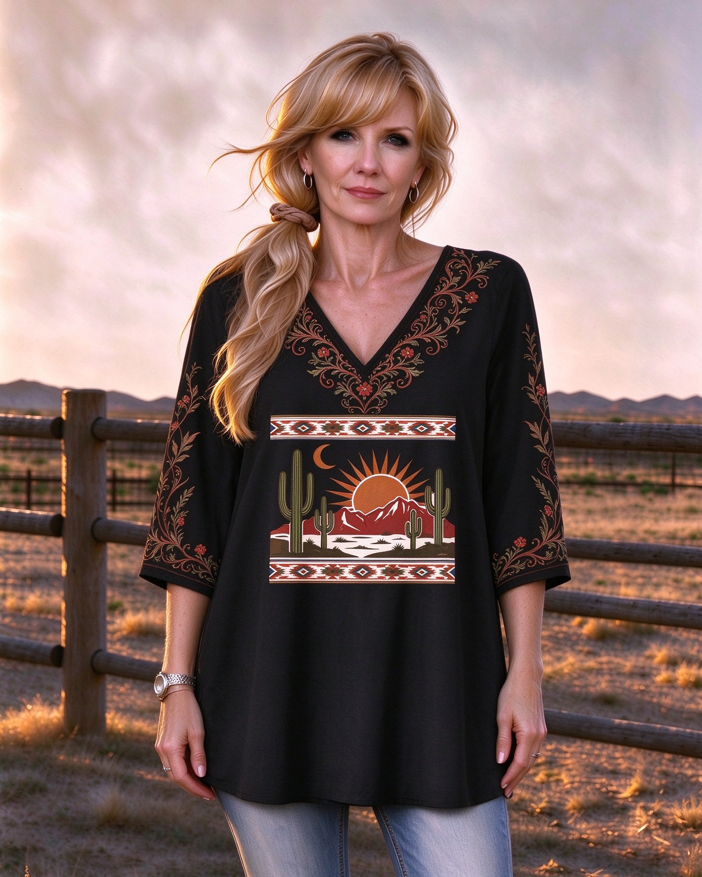 Sunset, mountains, sun and moon, cactus tribe print V-neck Western-style long top