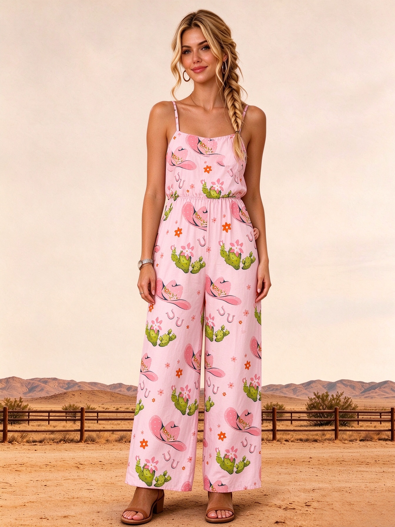 Pink Cactus Cowgirl Horseshoe Print Jumpsuits  with Pockets